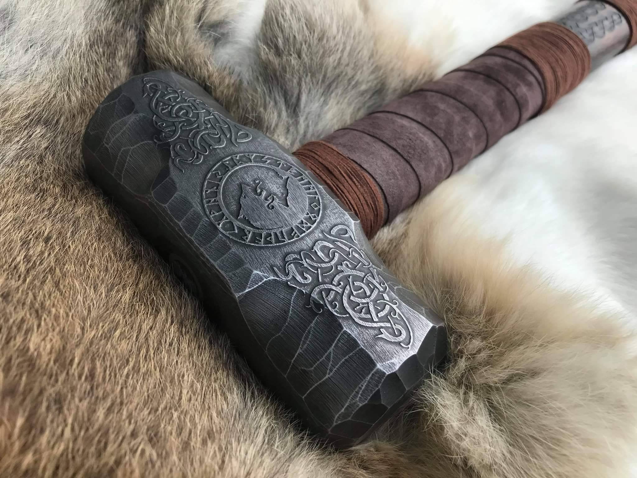 Viking Wolf Costume & LARP - Fenrir Viking Hammer Wolf and Runes Engraved Norse Cosplay Rustic