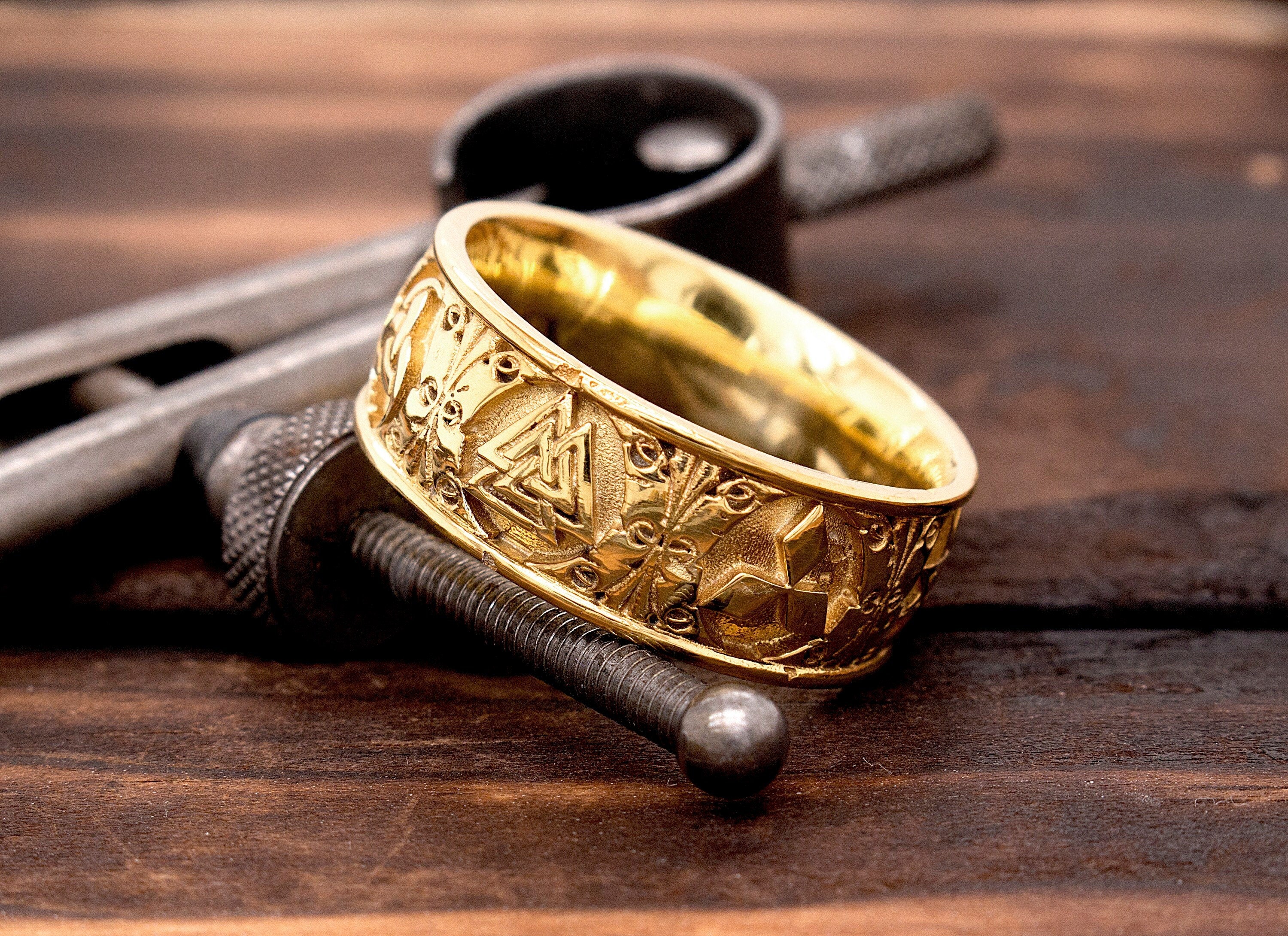Viking Ring - Handcrafted Norse Gold Ring with Ornament, Ancient Norse Jewelry Reconstruction