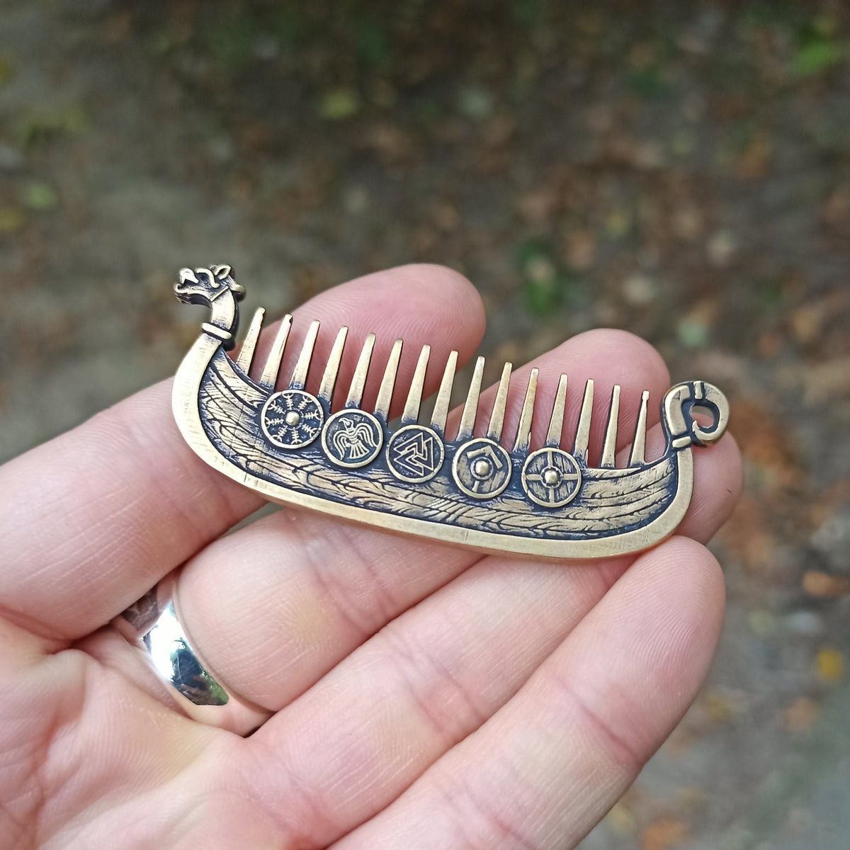 Viking Leather Accessory - Viking ship Beard comb EDC Nordic jewelry Viking Gifts for Him