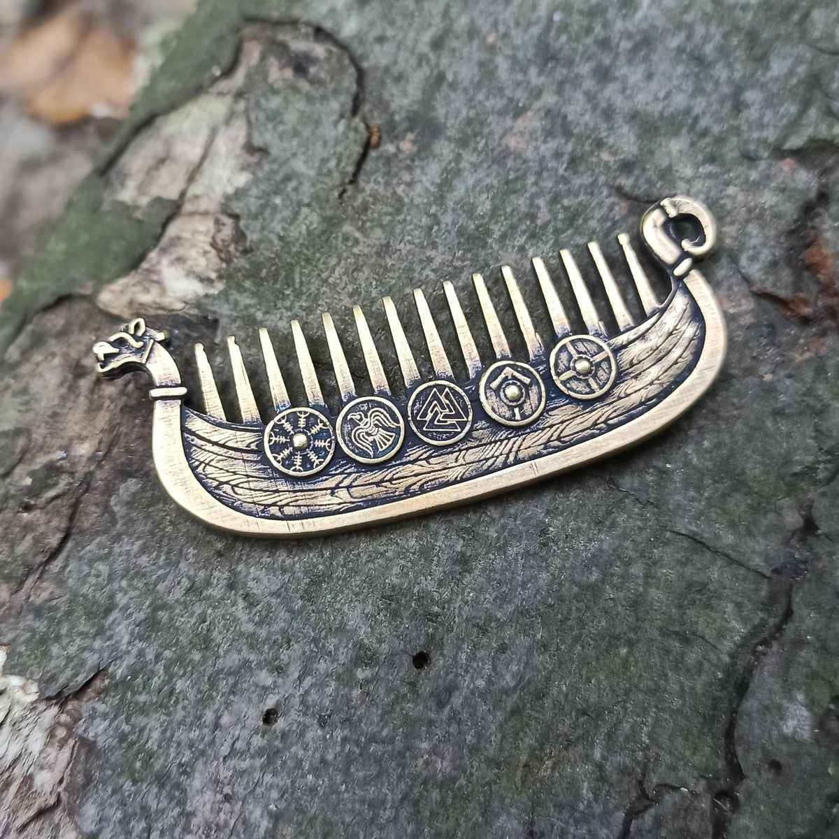 Viking Leather Accessory - Viking ship Beard comb EDC Nordic jewelry Viking Gifts for Him
