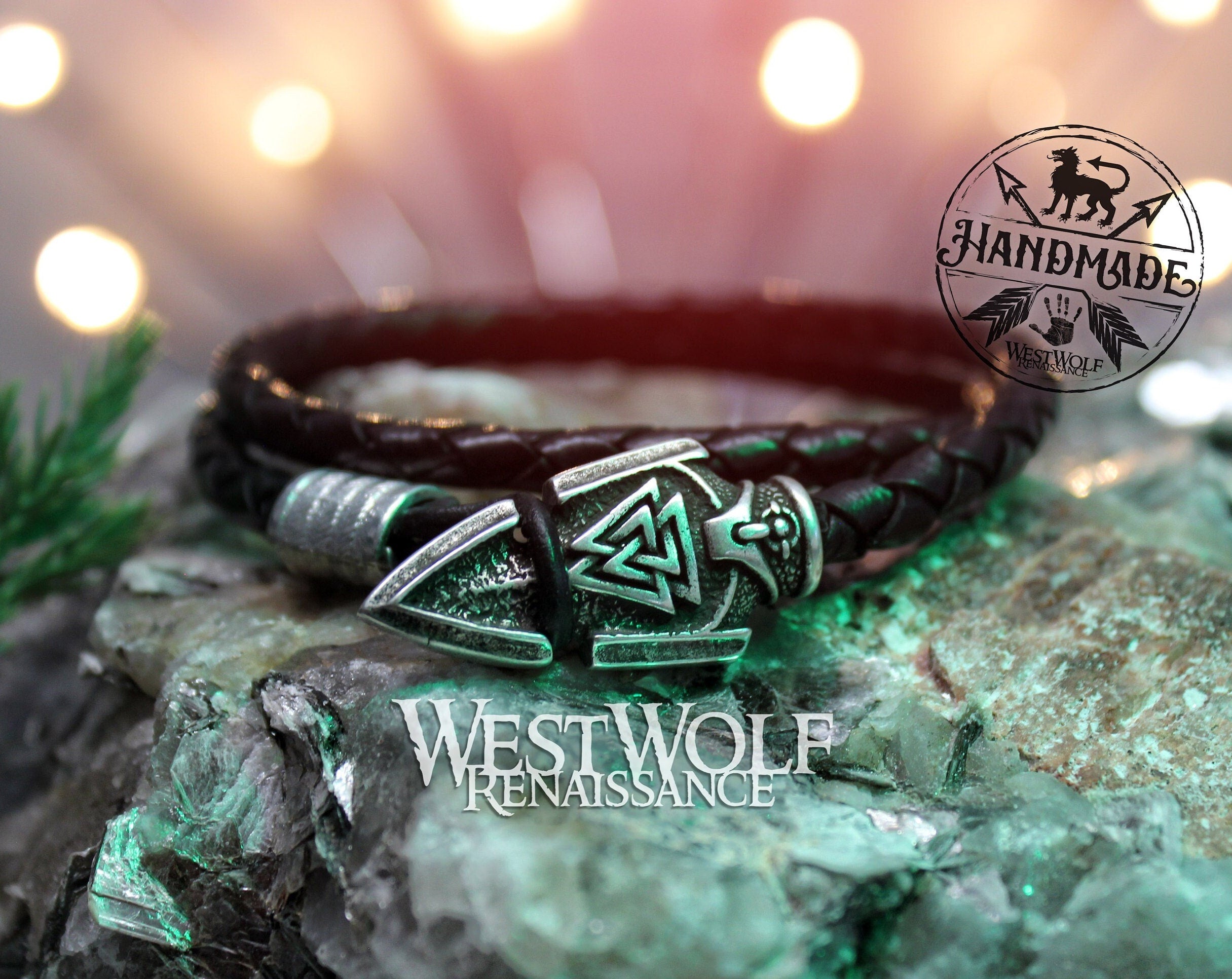 Viking Odin Necklace - Viking Fenrir Wolf Necklace with Beads & Braided Leather Band —