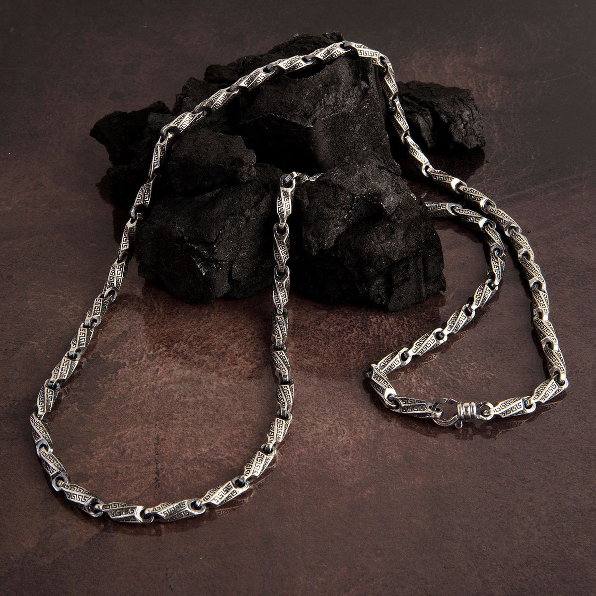 Viking Necklace - Oxidized Silver Square Byzantine Chain Necklace, 925 Sterling Silver Viking