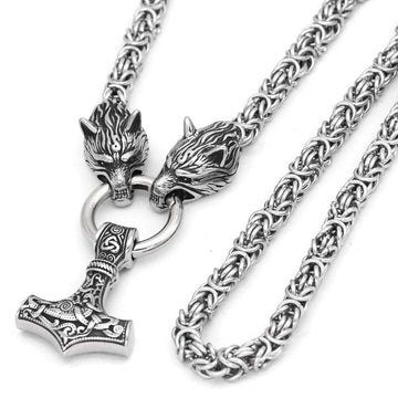 Viking Thor's Hammer Necklace - Men Stainless Steel Wolf Head Norse Viking Amulet Thor Mjolnir