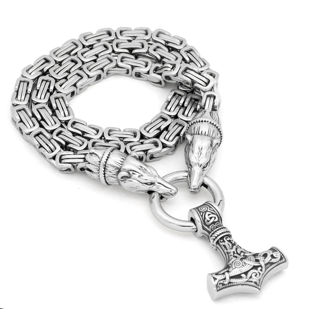 Viking Thor's Hammer Necklace - Men Stainless Steel Wolf Head Norse Viking Amulet Thor Mjolnir