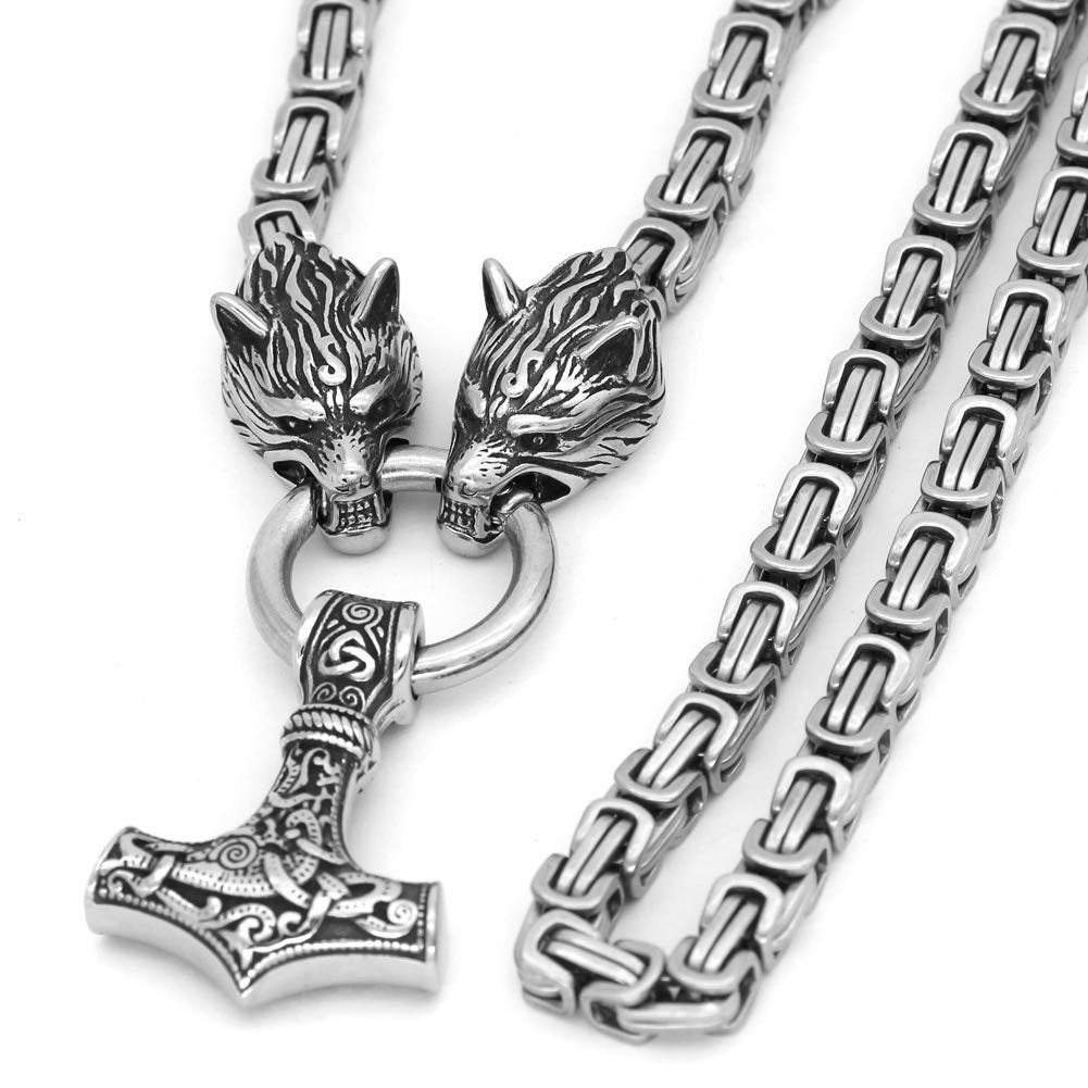 Viking Thor's Hammer Necklace - Men Stainless Steel Wolf Head Norse Viking Amulet Thor Mjolnir