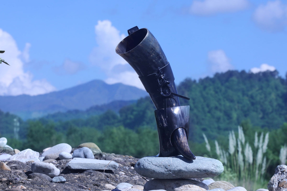 Viking Wolf Weapon Replica - Norse Viking War Horn, Handmade Engraved Wolf Ox Horn, Leather Strap