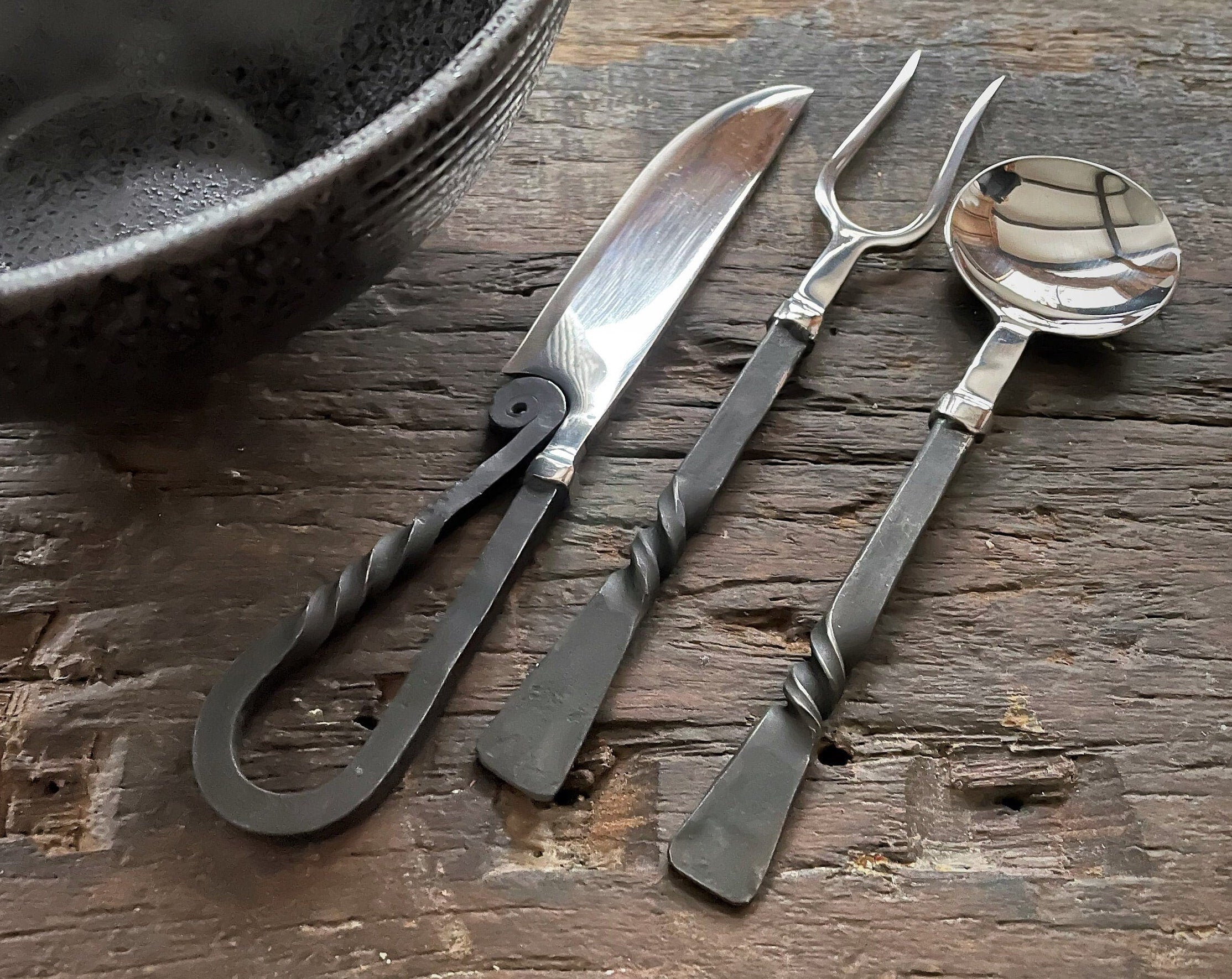 Viking Leather Accessory - Hand Forged Viking Cutlery Set – High Carbon Steel Medieval Utensils Set