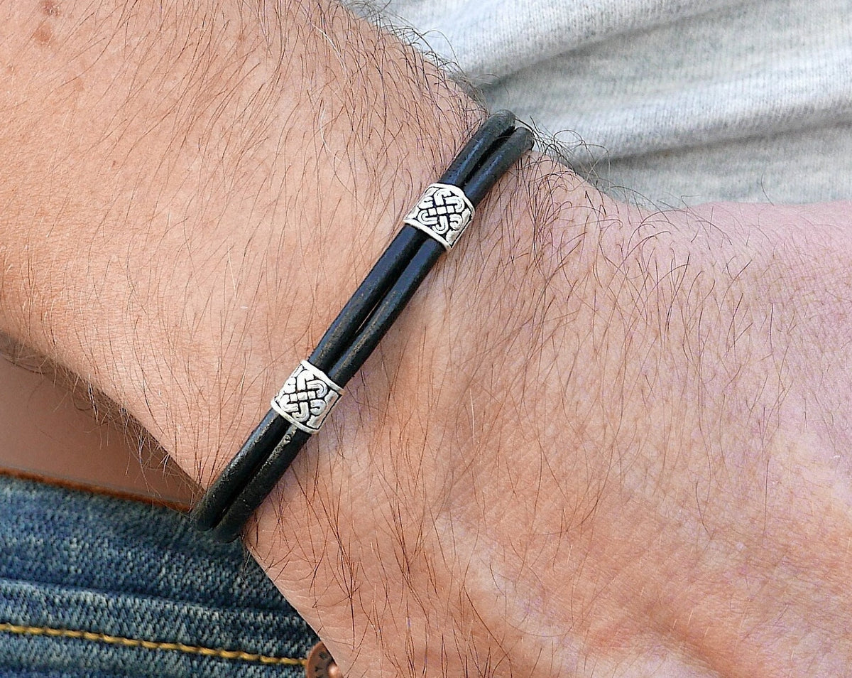 Viking Bracelet - Mens Leather Cuff Bracelet, Celtic Engraved Sterling Silver Braided Viking Norse
