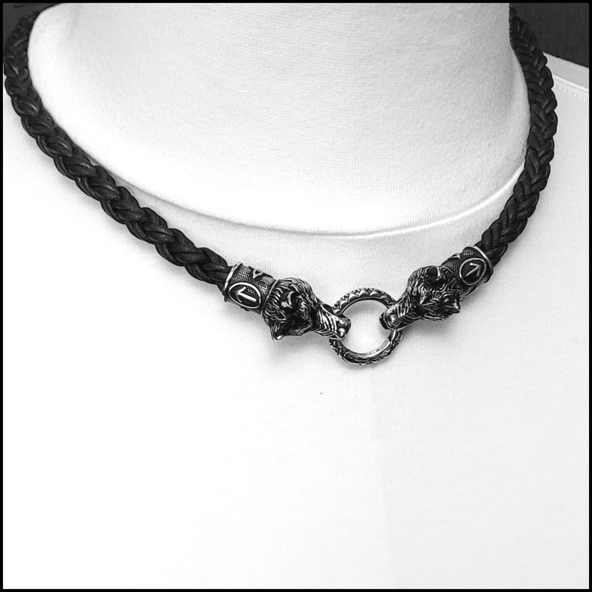 Viking Necklace - Braided Leather Dragon Necklace – Viking Necklace with Silver Dragon End Caps
