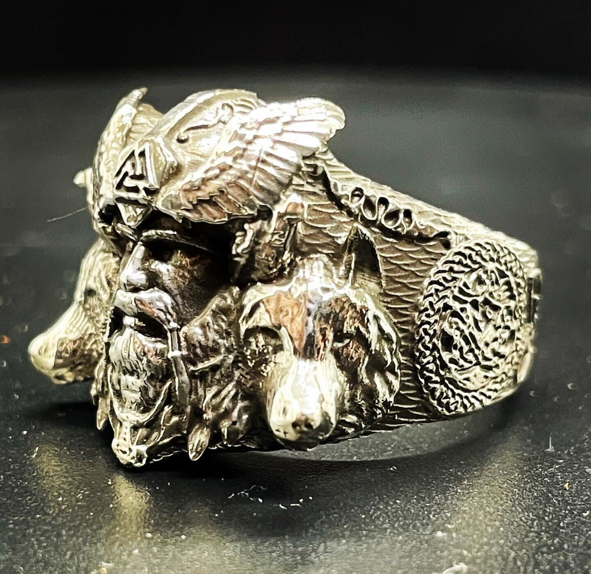 Viking Wolf Ring - Norse Raven Wolf Ring Silver Blue Stone Viking Celtic Knot Band