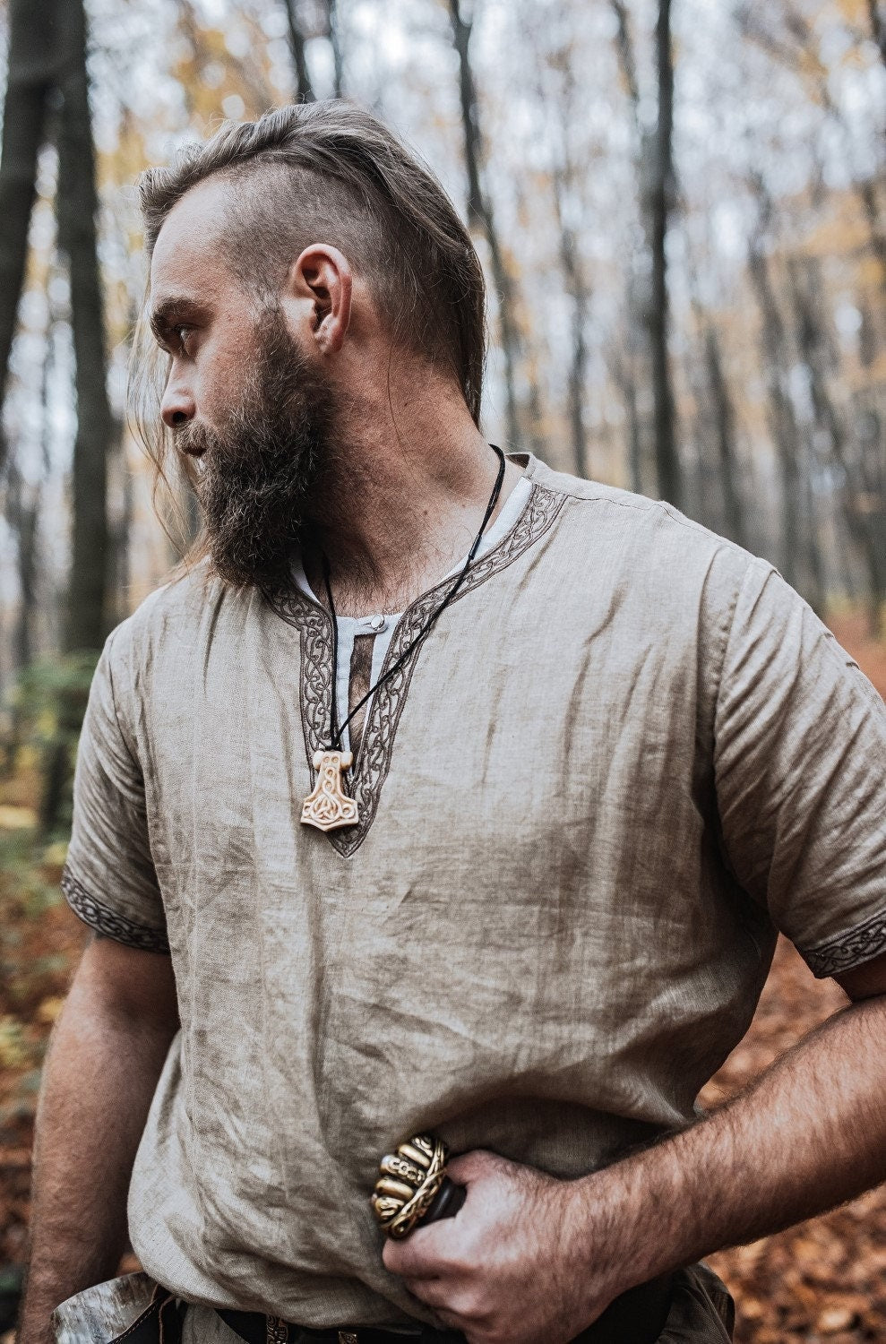 Viking T-Shirt - Loom-Woven Linen Viking Tunic: Norse Reenactment Attire - Long-sleeve and