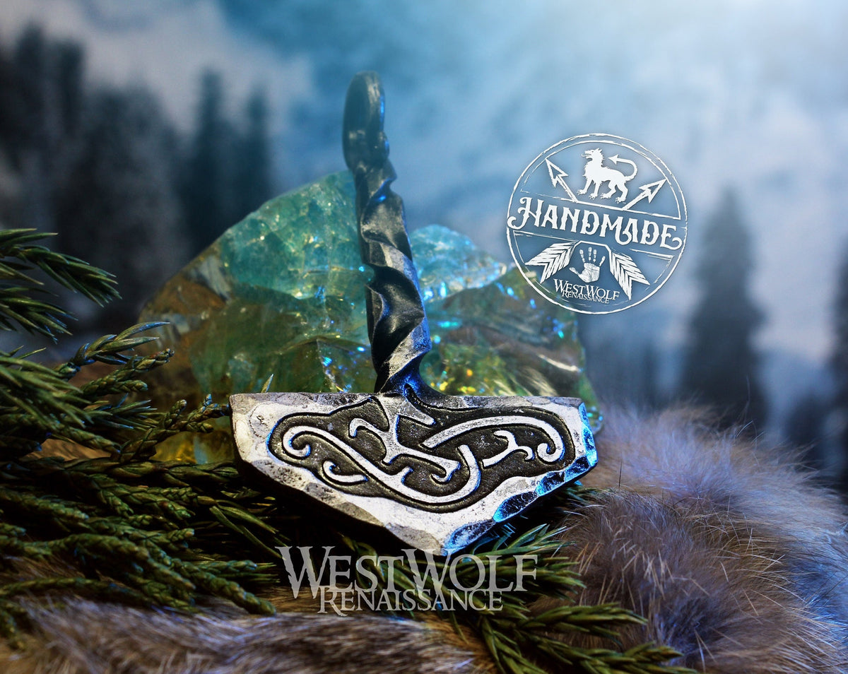 Viking Thor's Hammer Necklace - Gold Mjolnir Necklace with Wolf Heads, Viking Thor Hammer Pendant