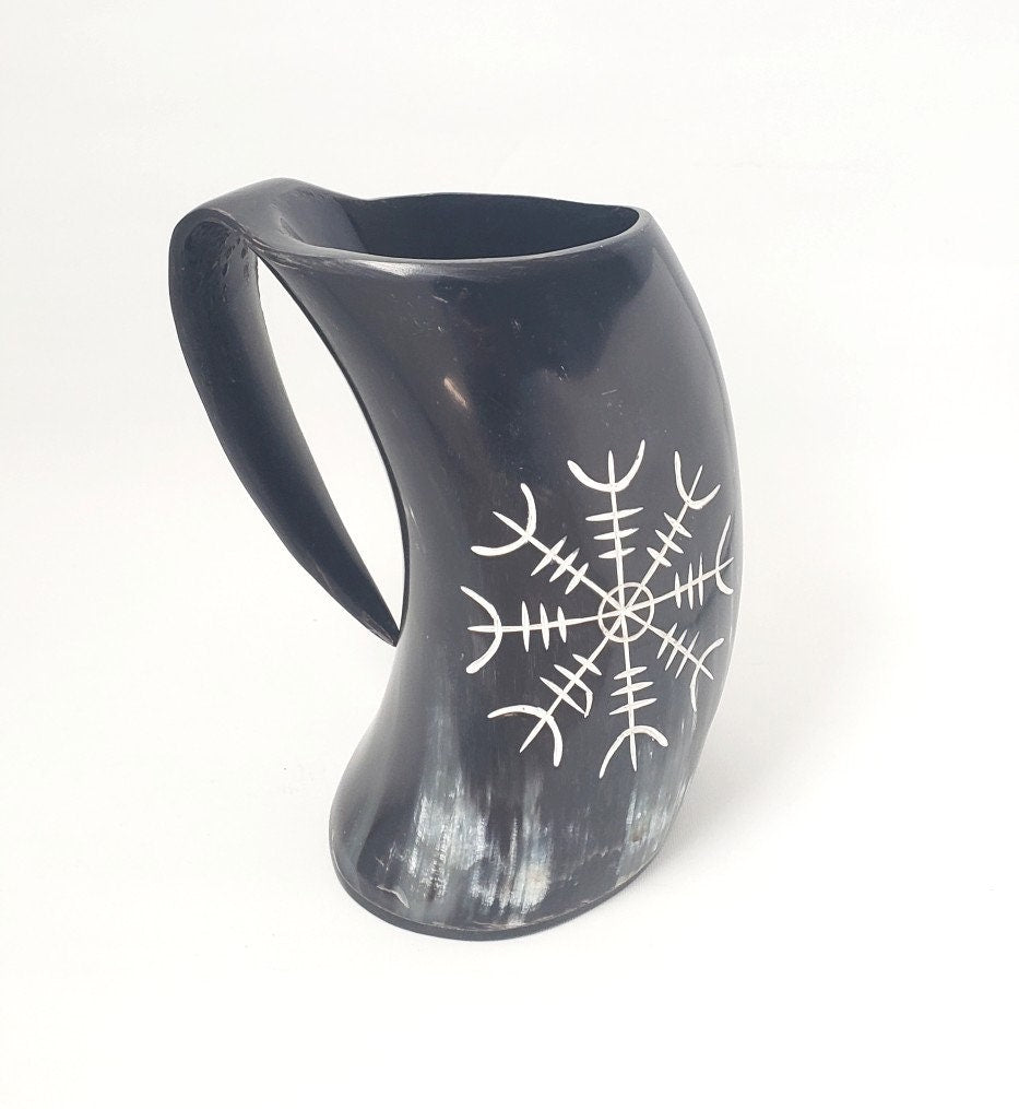 Viking Thor's Hammer Mug - Viking horn-Norse symbol engraved Horn Mugs - Vegvisir, Thor's Hammer