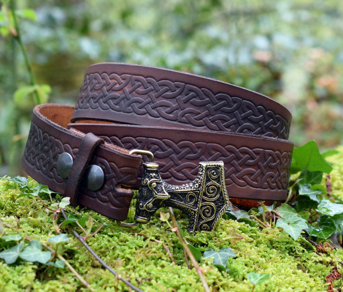 Viking Leather Accessory - Embossed Viking belt from brown or black 3, 2mm leather, with bronze