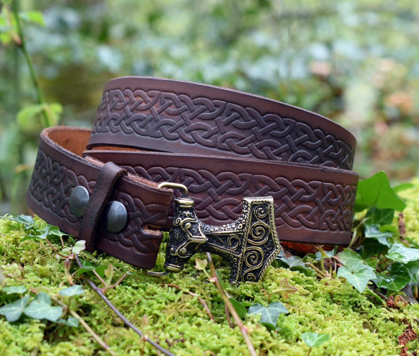 Viking Wolf Leather Accessory - Viking Tooled Leather Belt Fenrir Tyr Design