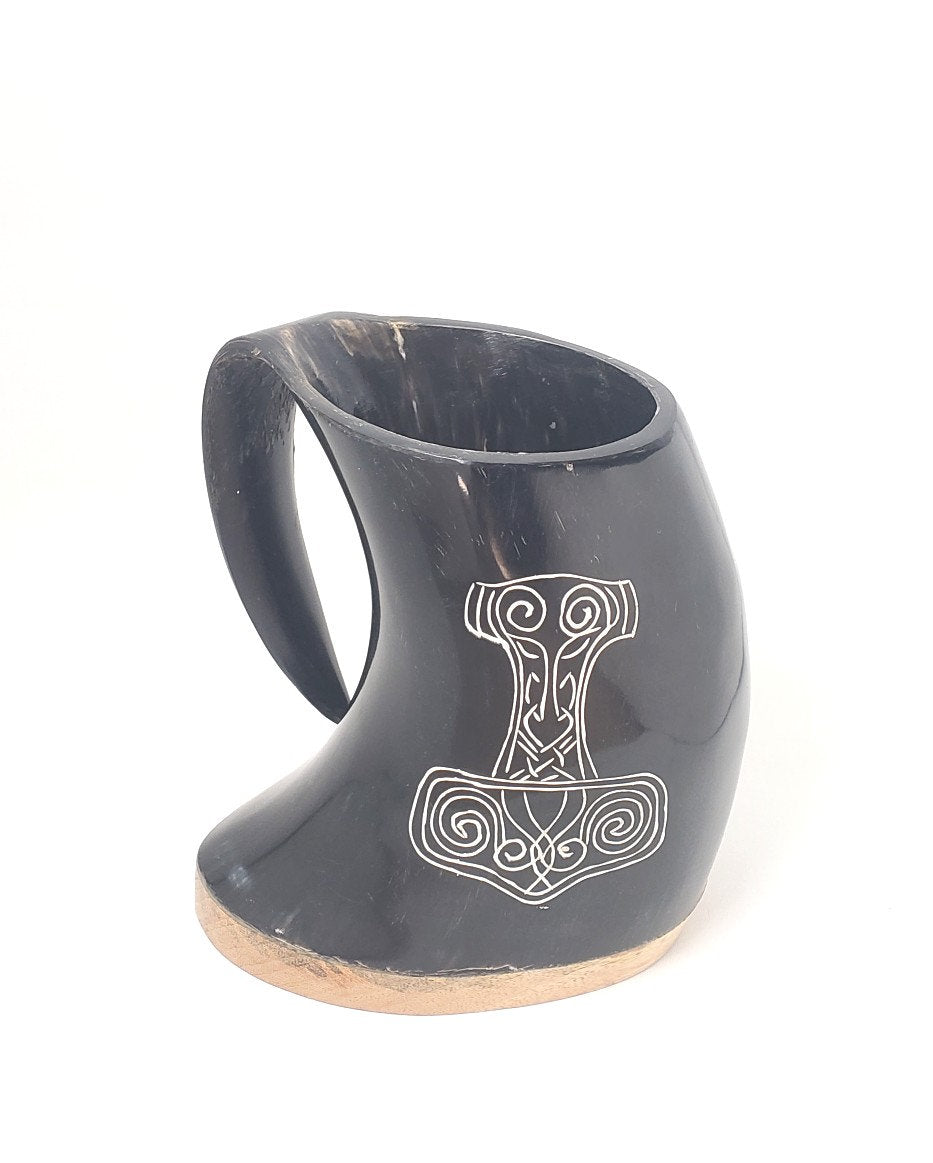 Viking Thor's Hammer Mug - Viking horn-Norse symbol engraved Horn Mugs - Vegvisir, Thor's Hammer