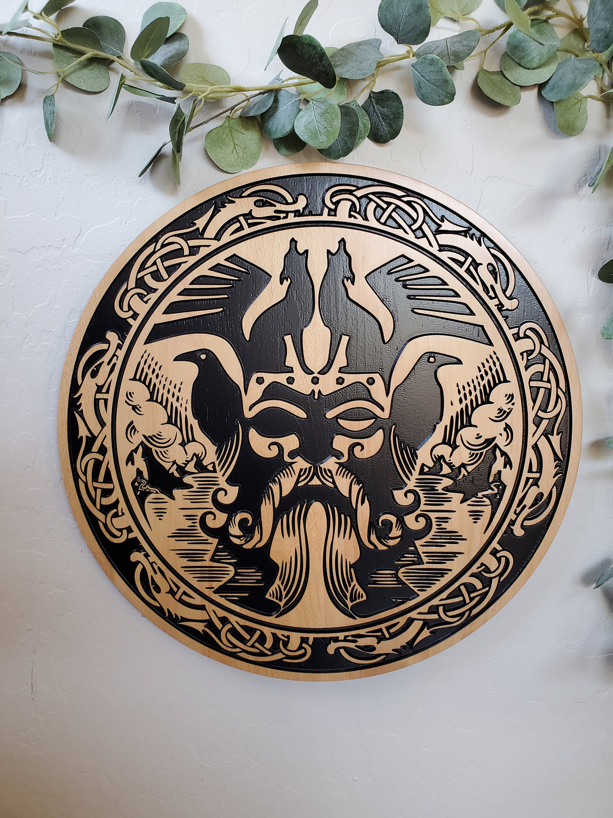 Viking Valknut Home Decor - Hand-Carved Wooden Ouroboros with Valknut, Viking Dragon Wall Decor