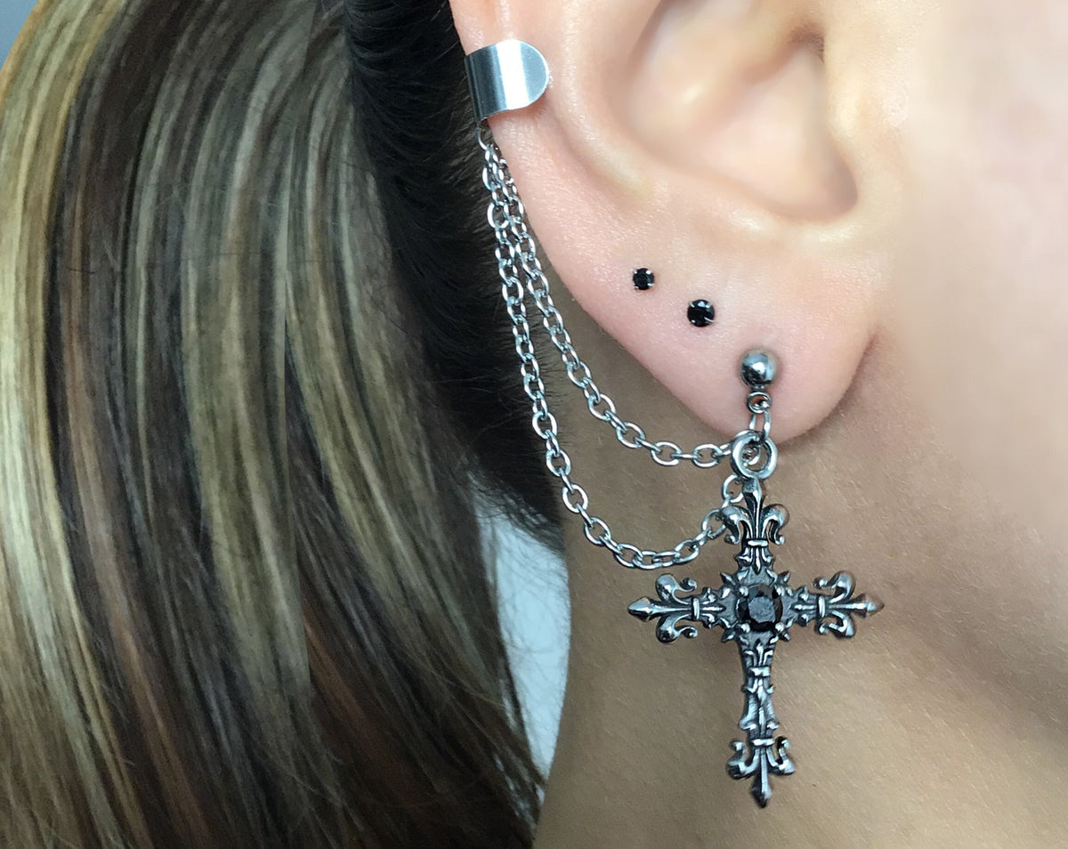 Viking Jewelry Accessory - Double Axe Ear Jacket Earrings, Stainless Steel, Celtic Norse Jewelry