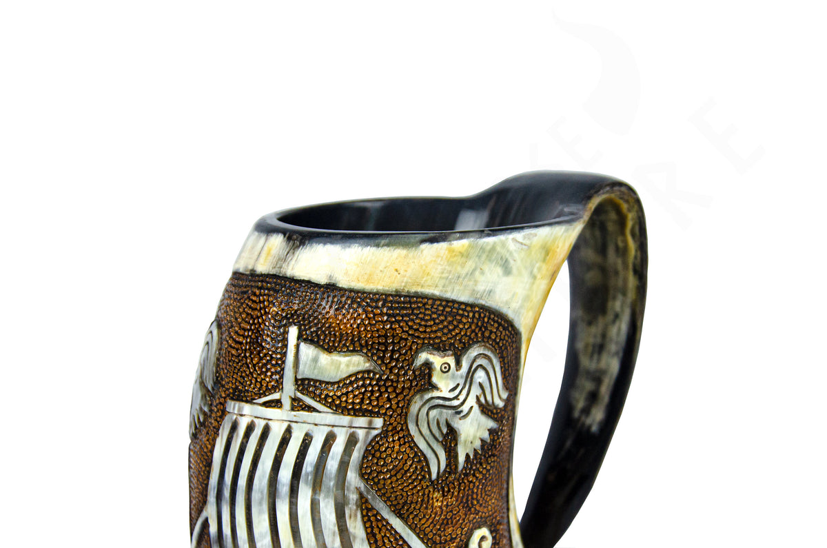 Viking Longship Mug - Hand-Carved Drakkar Viking Horn Mug - Authentic Medieval Mead Tankard, Rustic