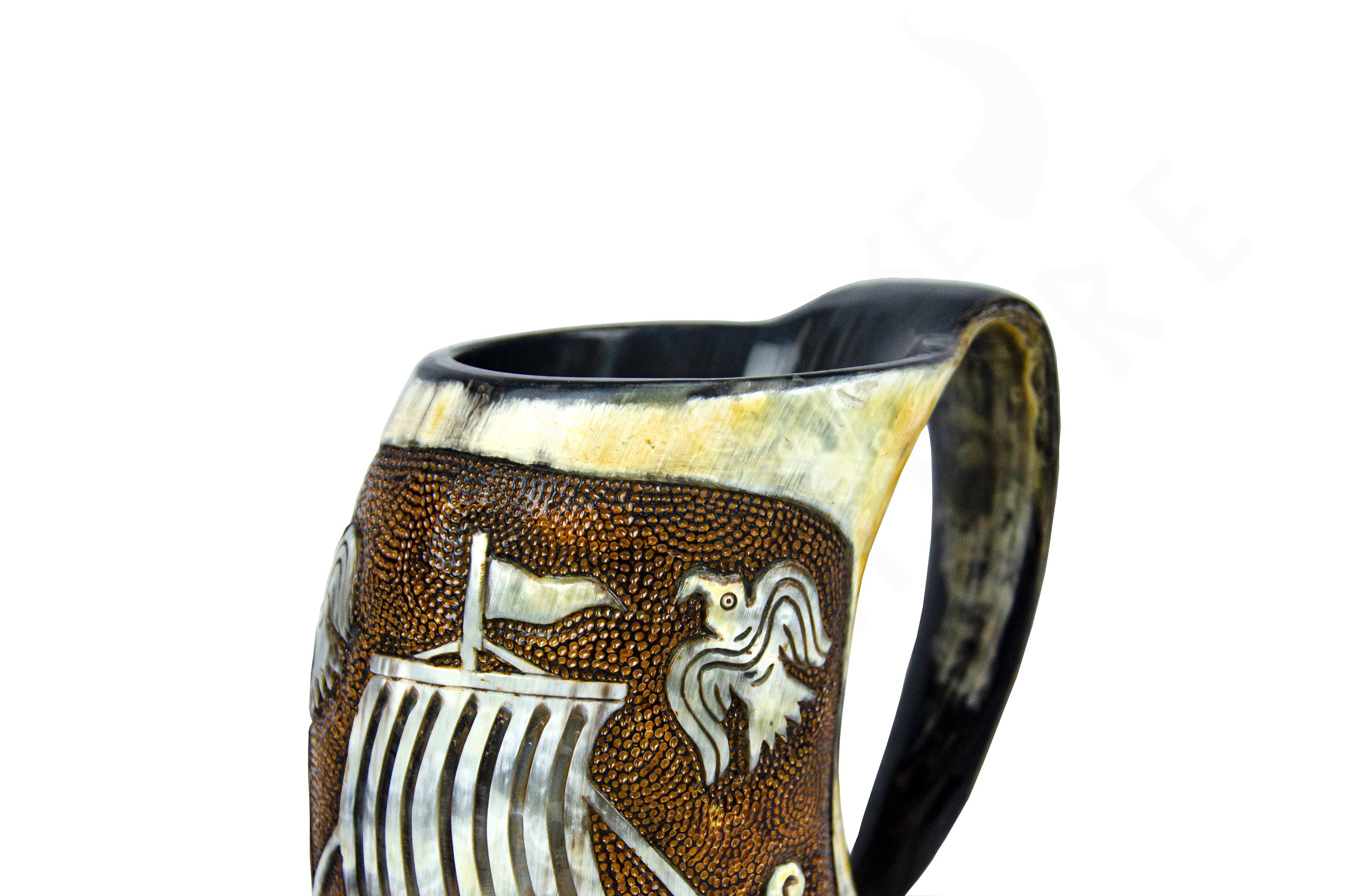 Viking Longship Mug - Hand-Carved Drakkar Viking Horn Mug - Authentic Medieval Mead Tankard, Rustic