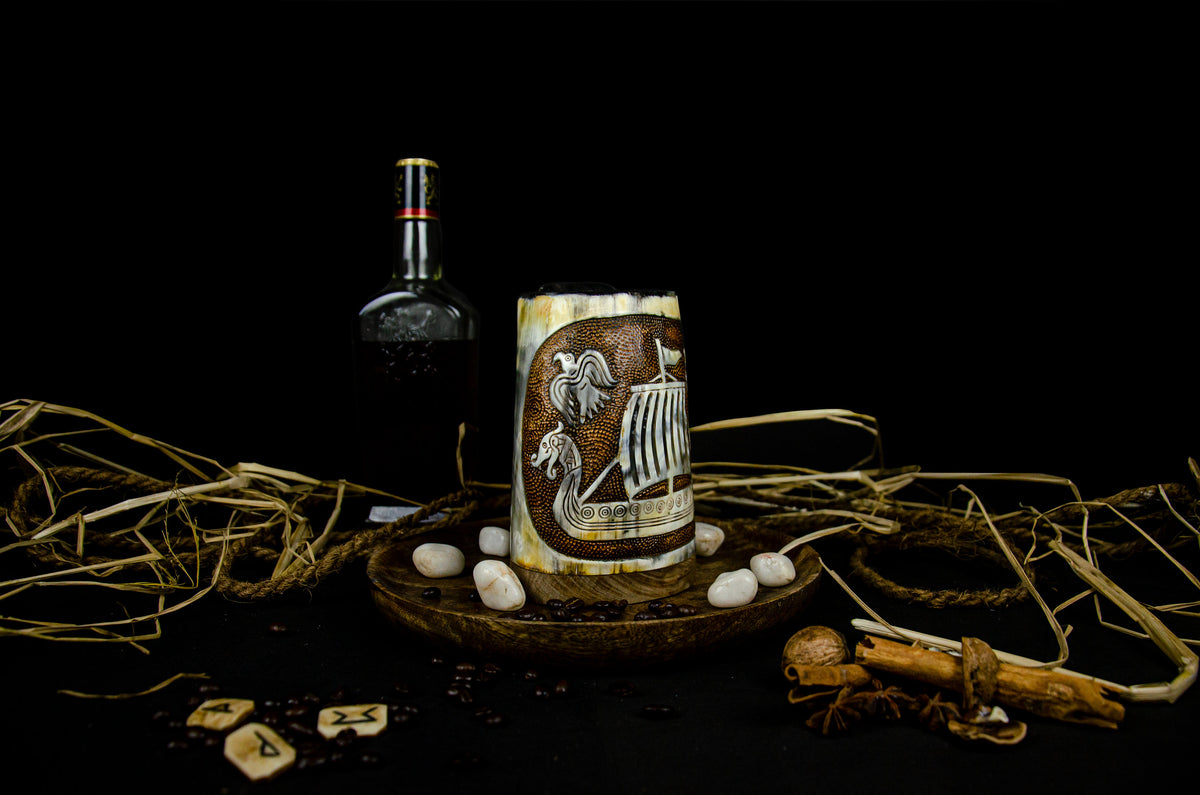 Viking Longship Mug - Hand-Carved Drakkar Viking Horn Mug - Authentic Medieval Mead Tankard, Rustic