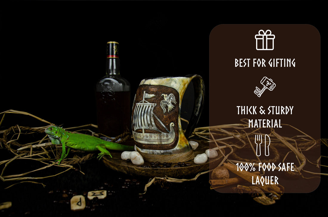 Viking Longship Mug - Hand-Carved Drakkar Viking Horn Mug - Authentic Medieval Mead Tankard, Rustic