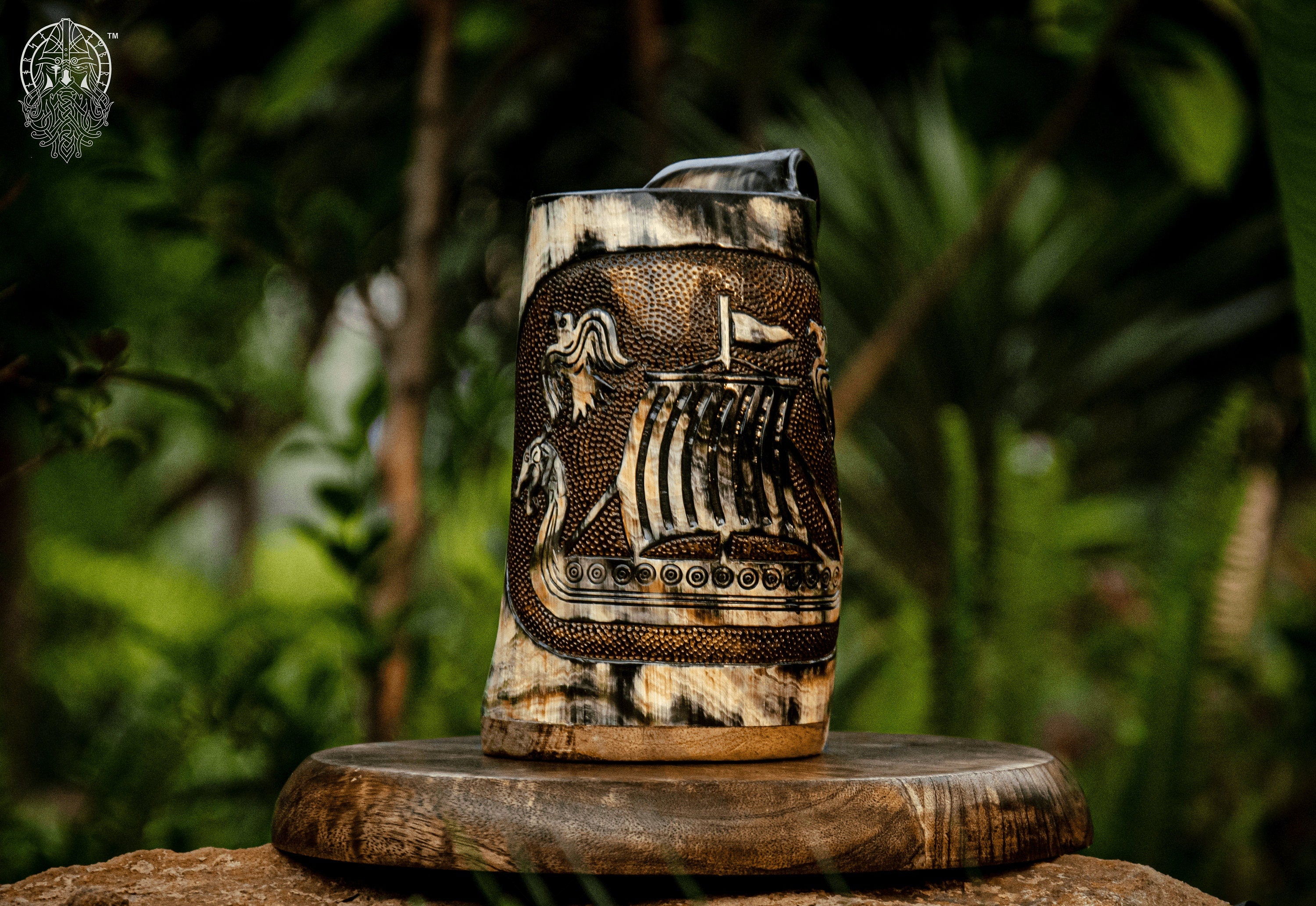 Viking Longship Mug - Hand-Carved Drakkar Viking Horn Mug - Authentic Medieval Mead Tankard, Rustic