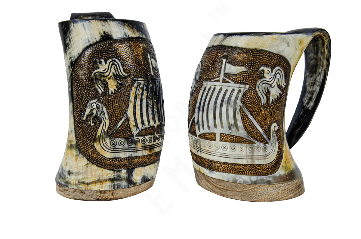 Viking Longship Mug - Hand-Carved Drakkar Viking Horn Mug - Authentic Medieval Mead Tankard, Rustic