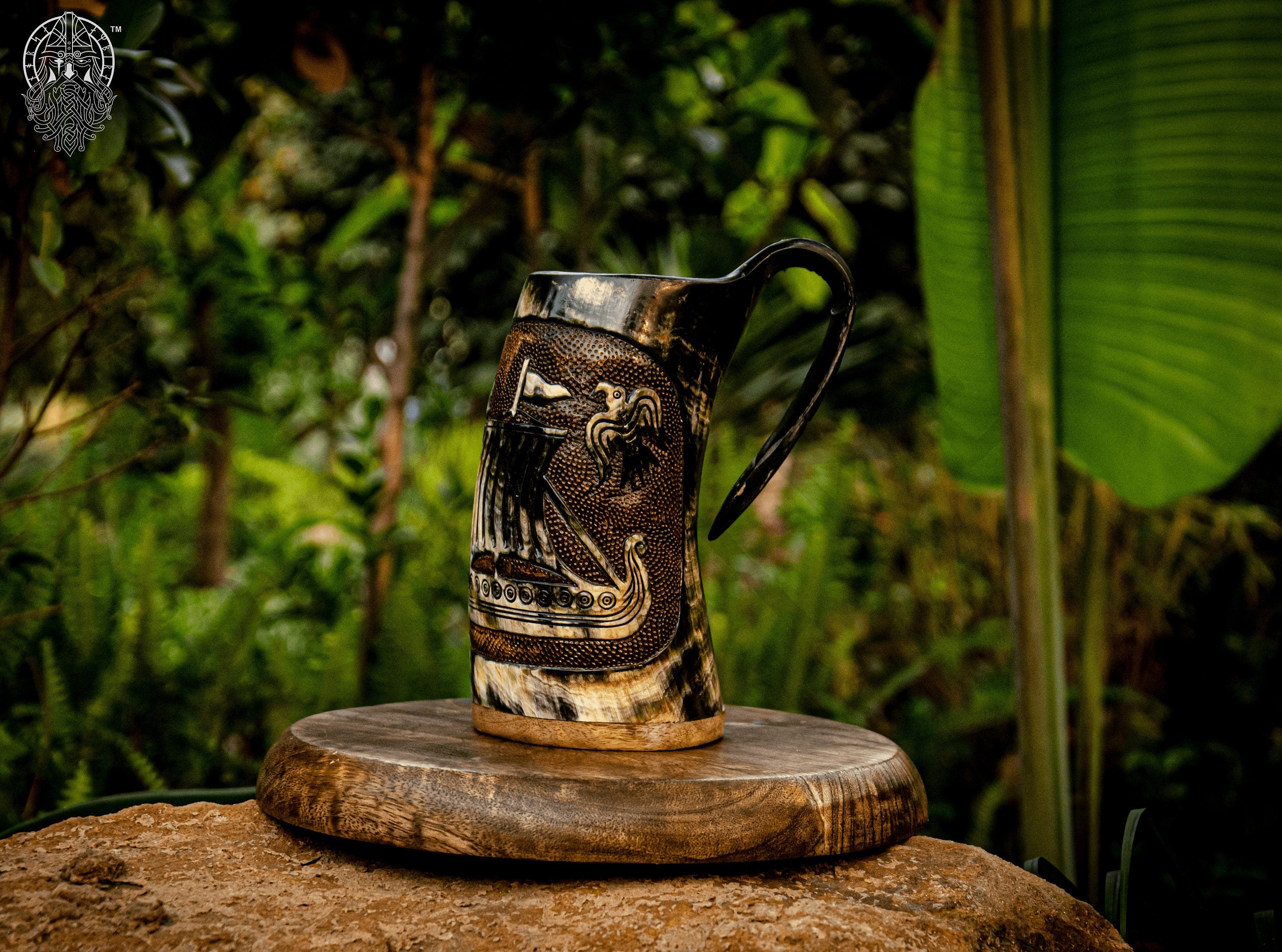 Viking Longship Mug - Hand-Carved Drakkar Viking Horn Mug - Authentic Medieval Mead Tankard, Rustic