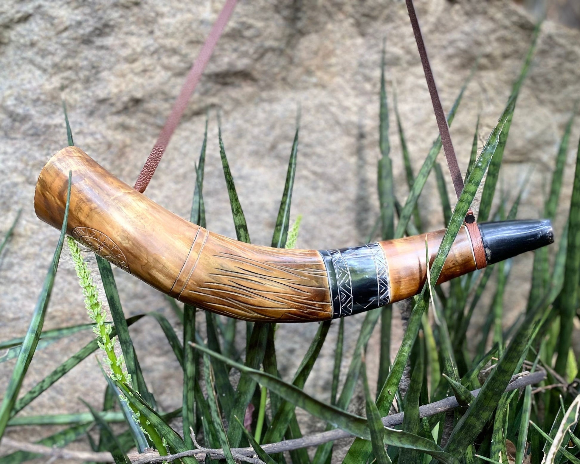 Viking Wolf Weapon Replica - Norse Viking War Horn, Handmade Engraved Wolf Ox Horn, Leather Strap