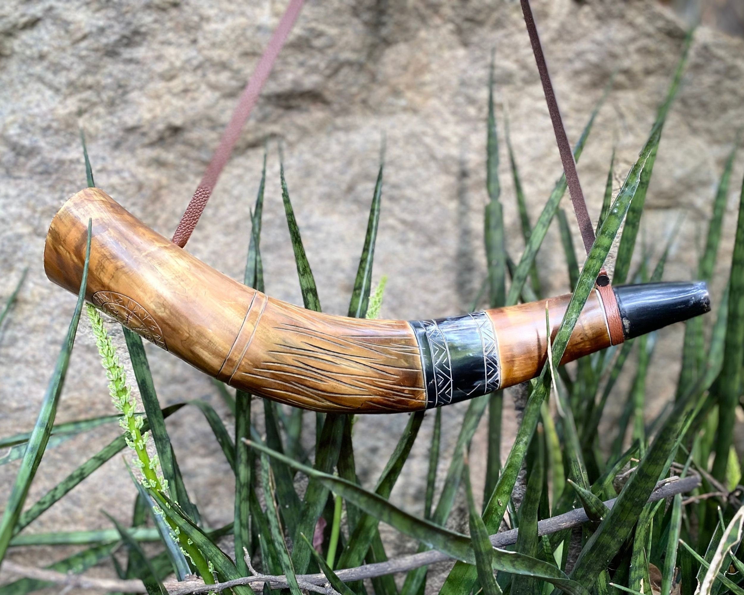 Viking Wolf Weapon Replica - Norse Viking War Horn, Handmade Engraved Wolf Ox Horn, Leather Strap
