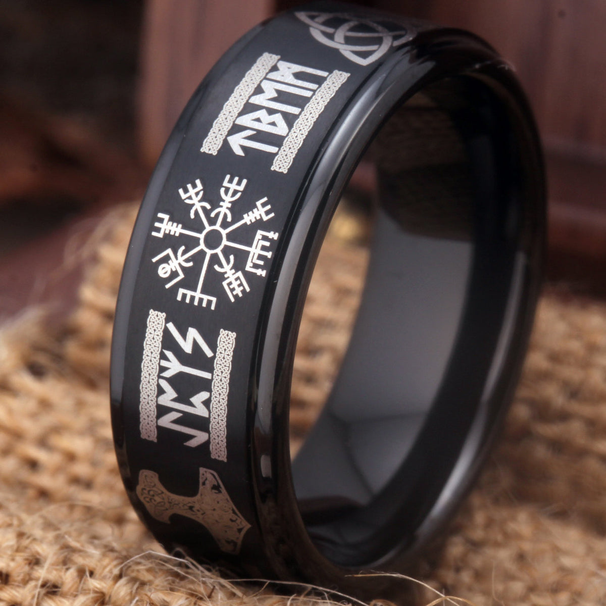 Viking Rune Ring - Viking Tree of Life Ring Mens Titanium Steel Celtic Knot Band Rustic Norse Rune