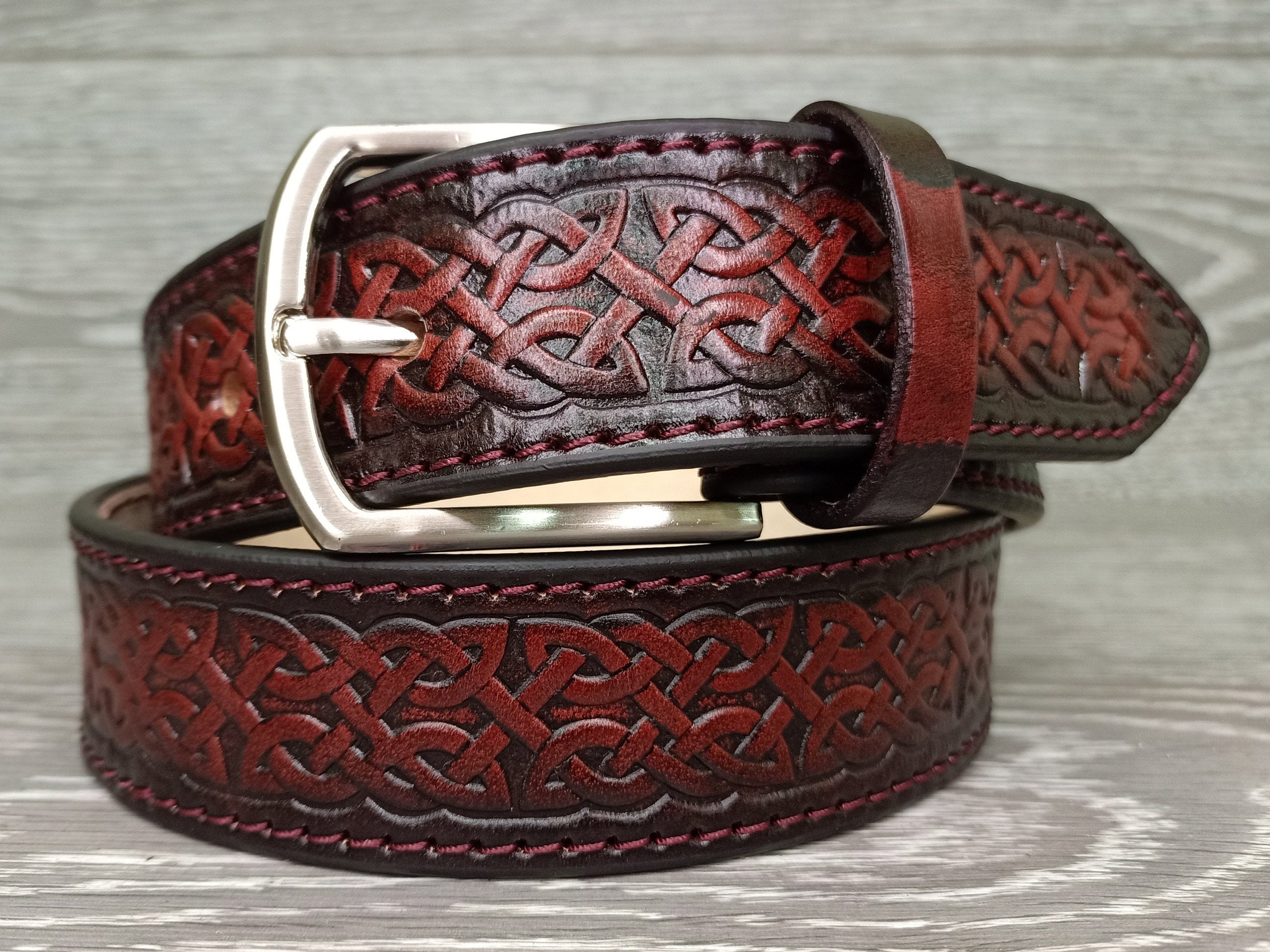 Viking Wolf Leather Accessory - Viking Tooled Leather Belt Fenrir Tyr Design