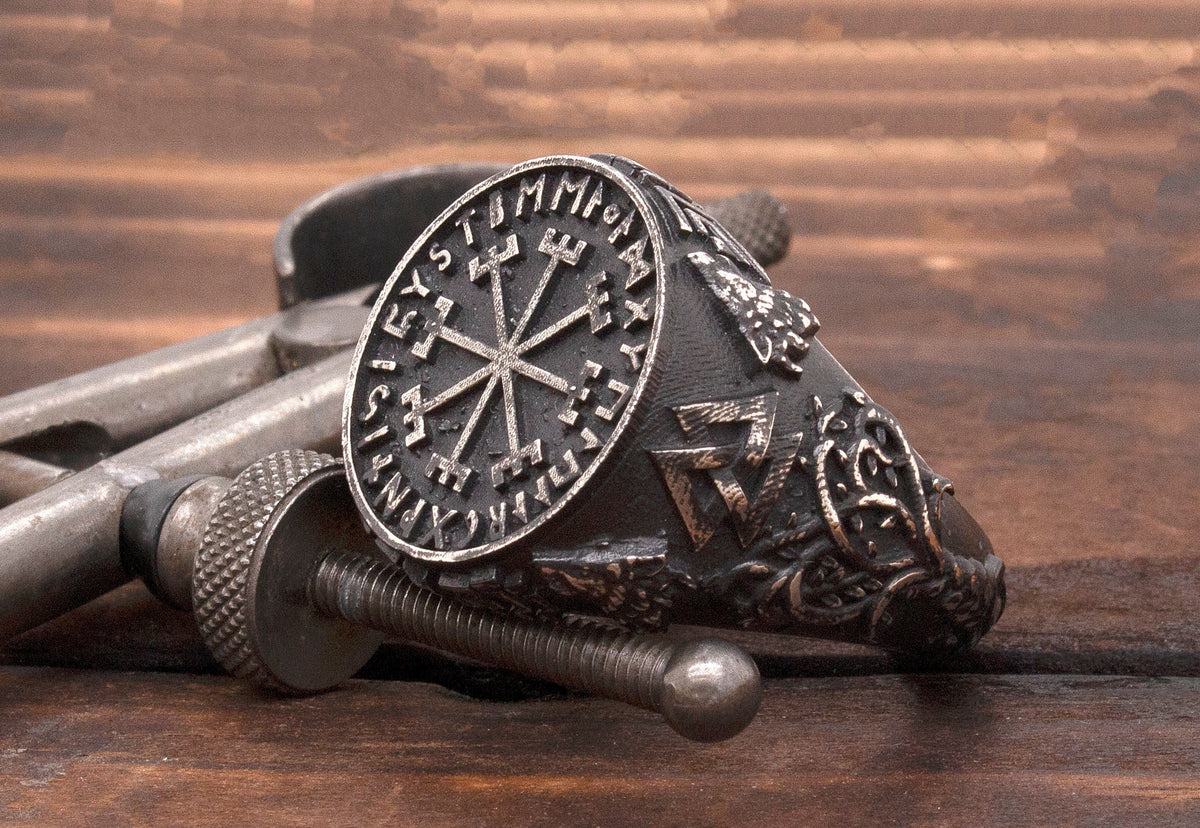 Viking Rune Ring - Viking Gothic Occult Bindrune Shield Intertwined Rune Band Ring, Silver Jewelry