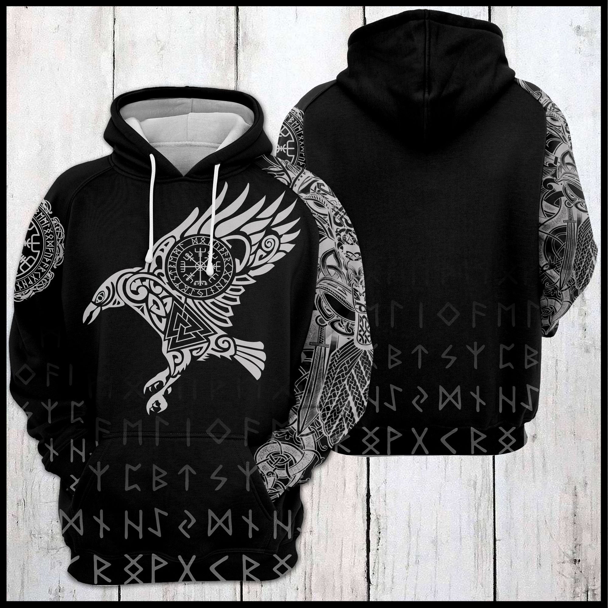 Viking Raven Hoodie - Unisex Viking Warrior Blood And Raven Sweatshirt Hoodie, Raven Viking Hoodie