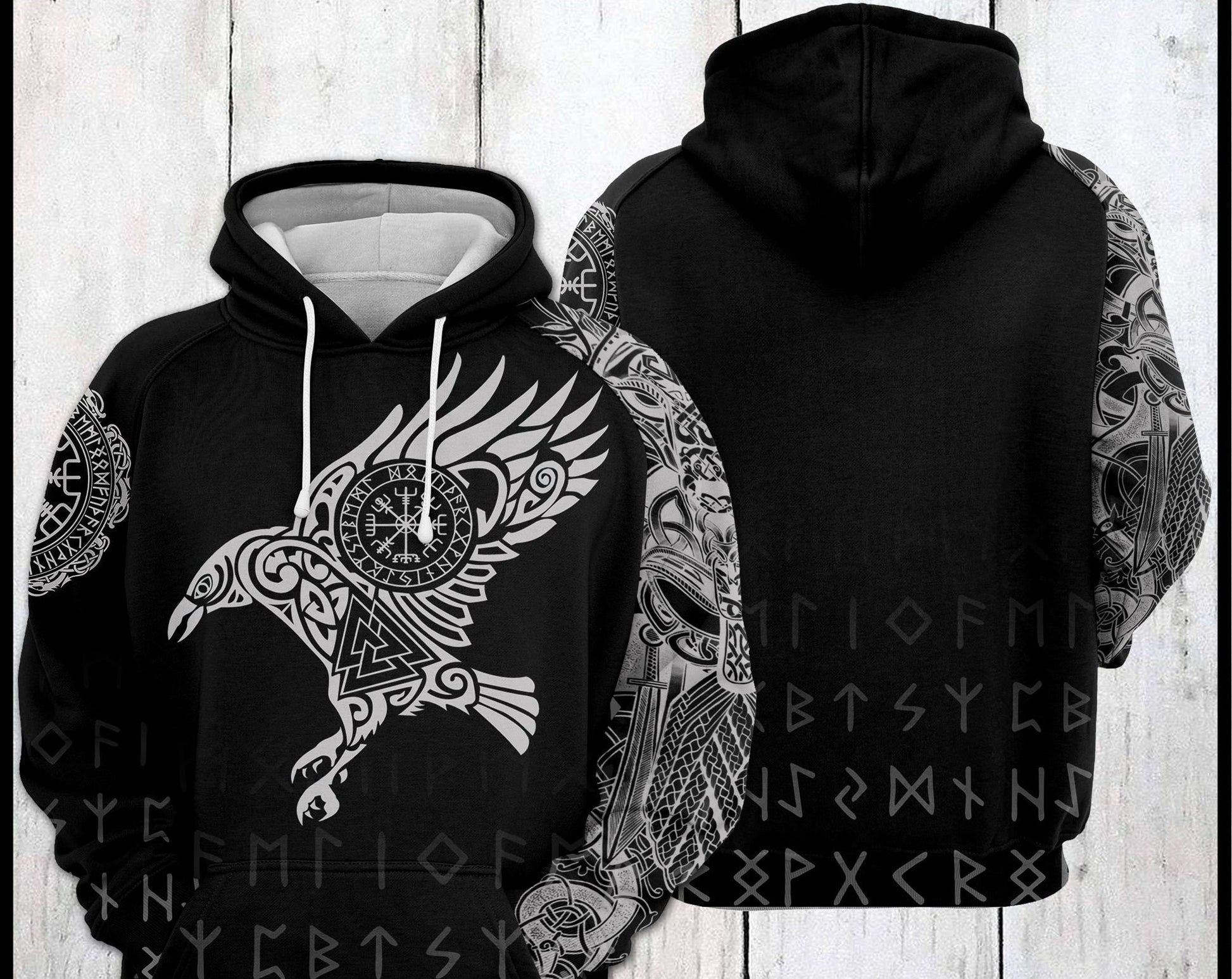 Viking Wolf Hoodie - Viking Wolf Raven Hoodie Sweatshirt T-Shirt, Norse Rune Nordic Mythology