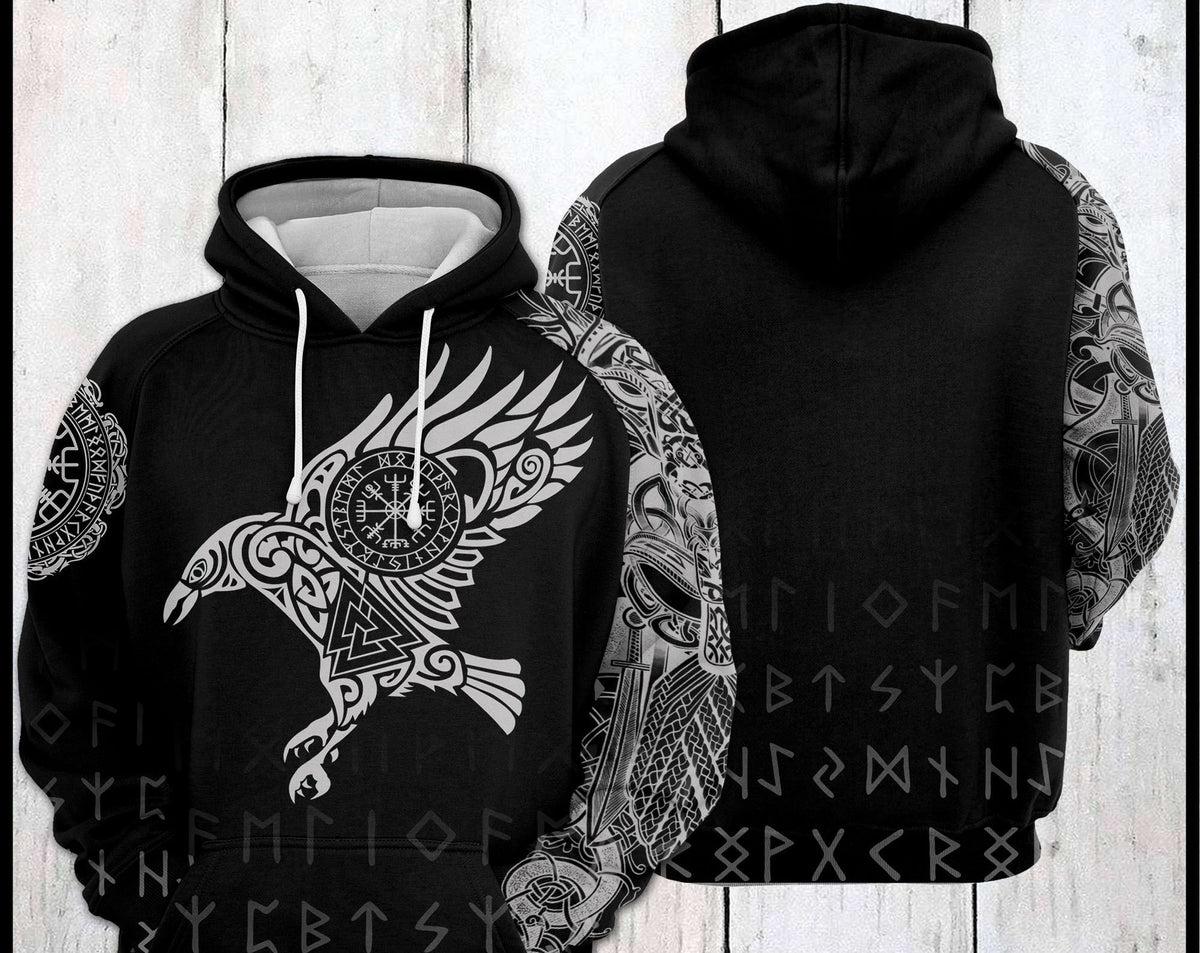 Viking Wolf Hoodie - Viking Wolf Raven Hoodie Sweatshirt T-Shirt, Norse Rune Nordic Mythology