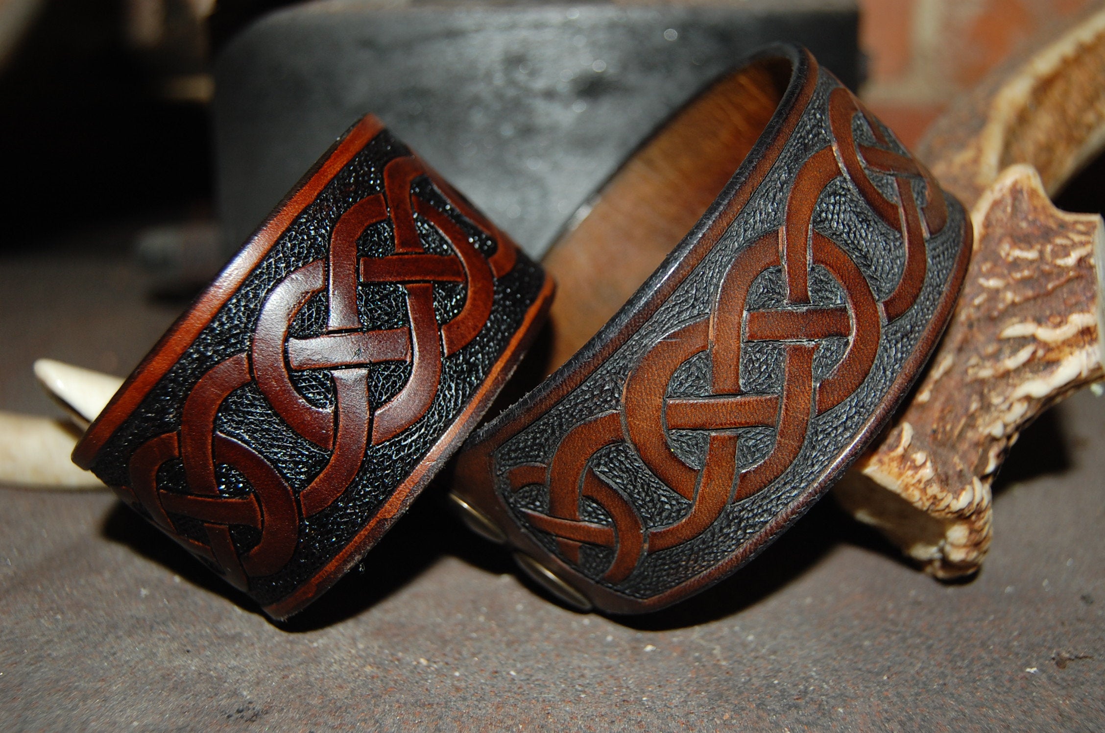 Viking Wolf Leather Accessory - Viking Tooled Leather Belt Fenrir Tyr Design