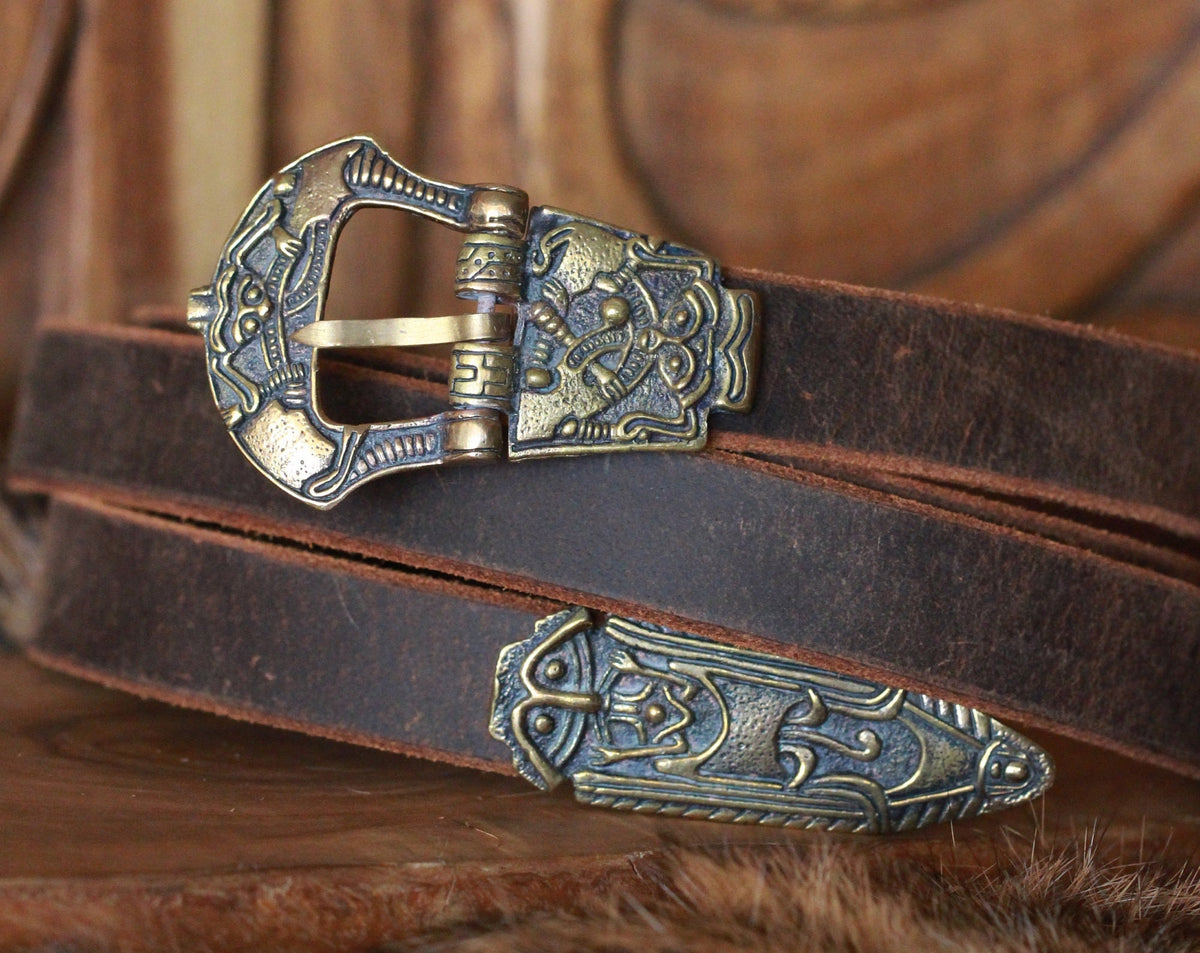 Viking Leather Accessory - Embossed Viking belt from brown or black 3, 2mm leather, with bronze