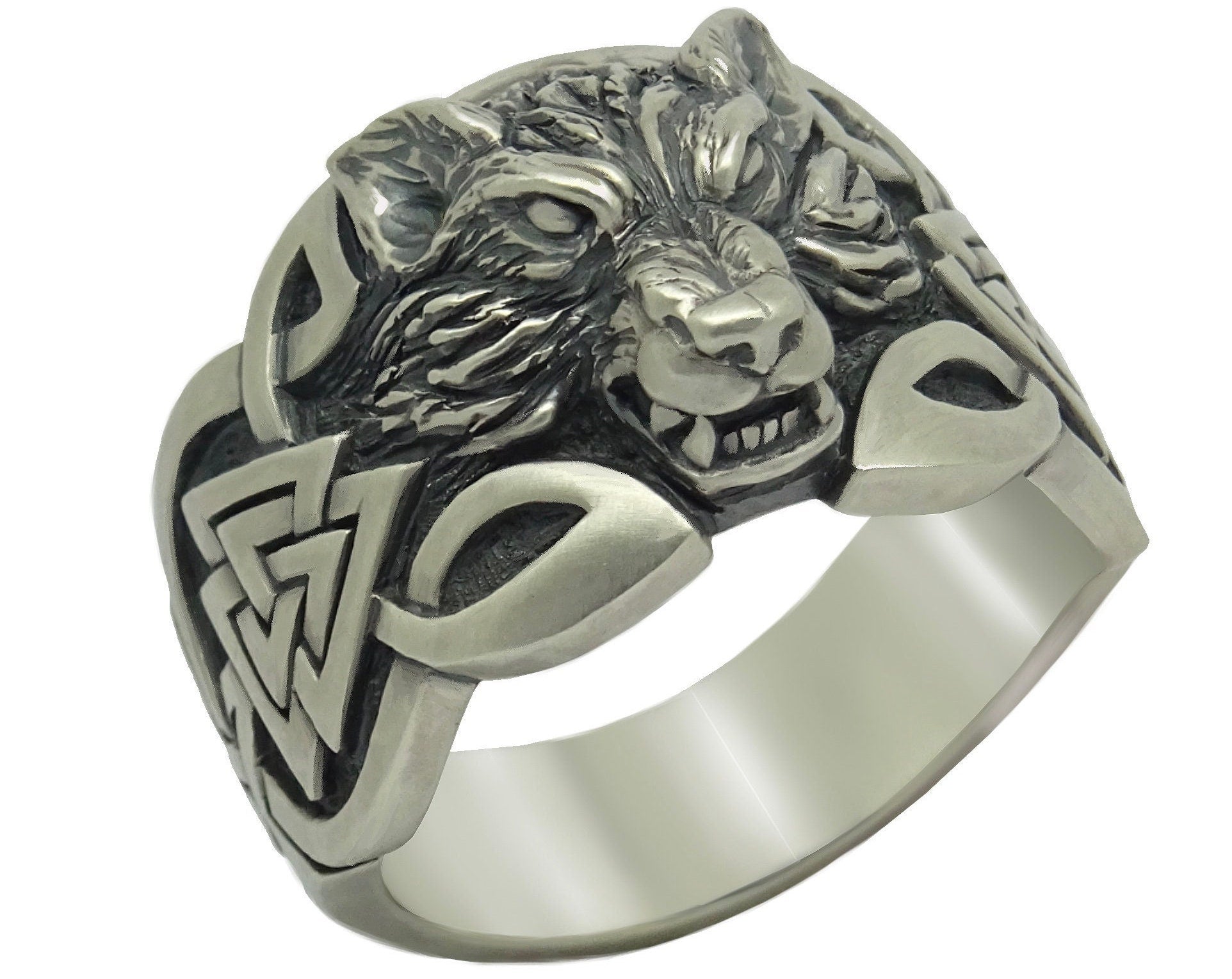 Viking Odin Ring - Sterling Viking Wolf with Runes Ring, Mens Wide Norse Wedding Ring, Braided Odin