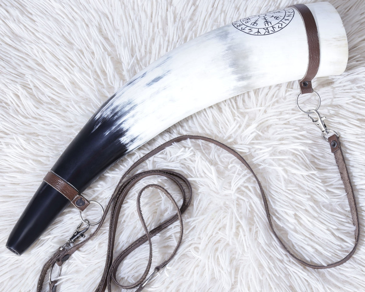 Viking Wolf Weapon Replica - Norse Viking War Horn, Handmade Engraved Wolf Ox Horn, Leather Strap