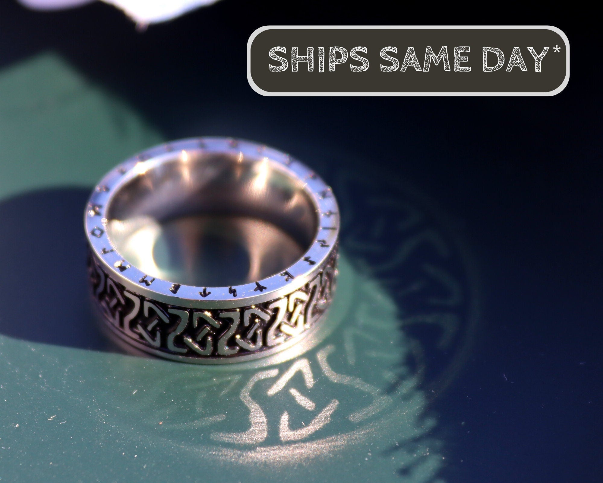 Viking Rune Ring - Ancient Viking Ring For Men - Nordic Runes Ring, Black Viking Norse Ring