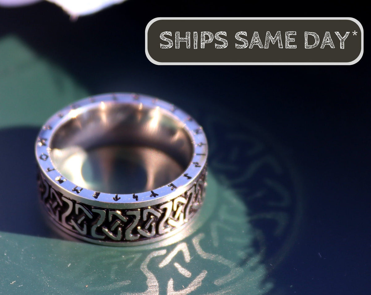 Viking Rune Ring - Personalized Silver Viking Rune Ring for Men, Engraved Norse Fidget Band, Nordic