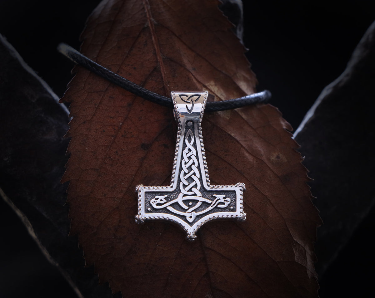 Viking Thor's Hammer Necklace - Gold Mjolnir Necklace with Wolf Heads, Viking Thor Hammer Pendant