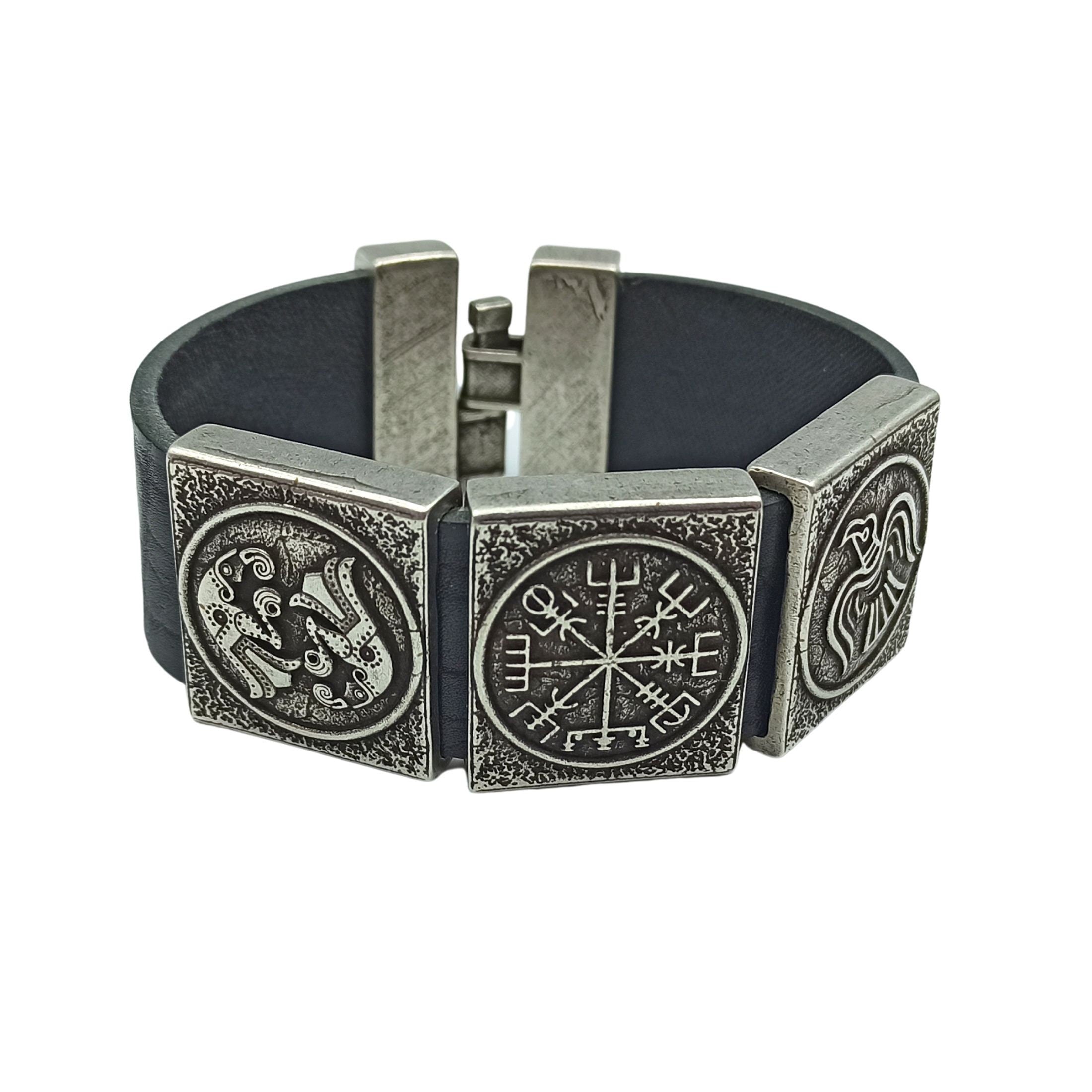 Viking Bracelet - Viking compass leather bracelet for men Norse pagan cuff bracelets Nordic jewelry