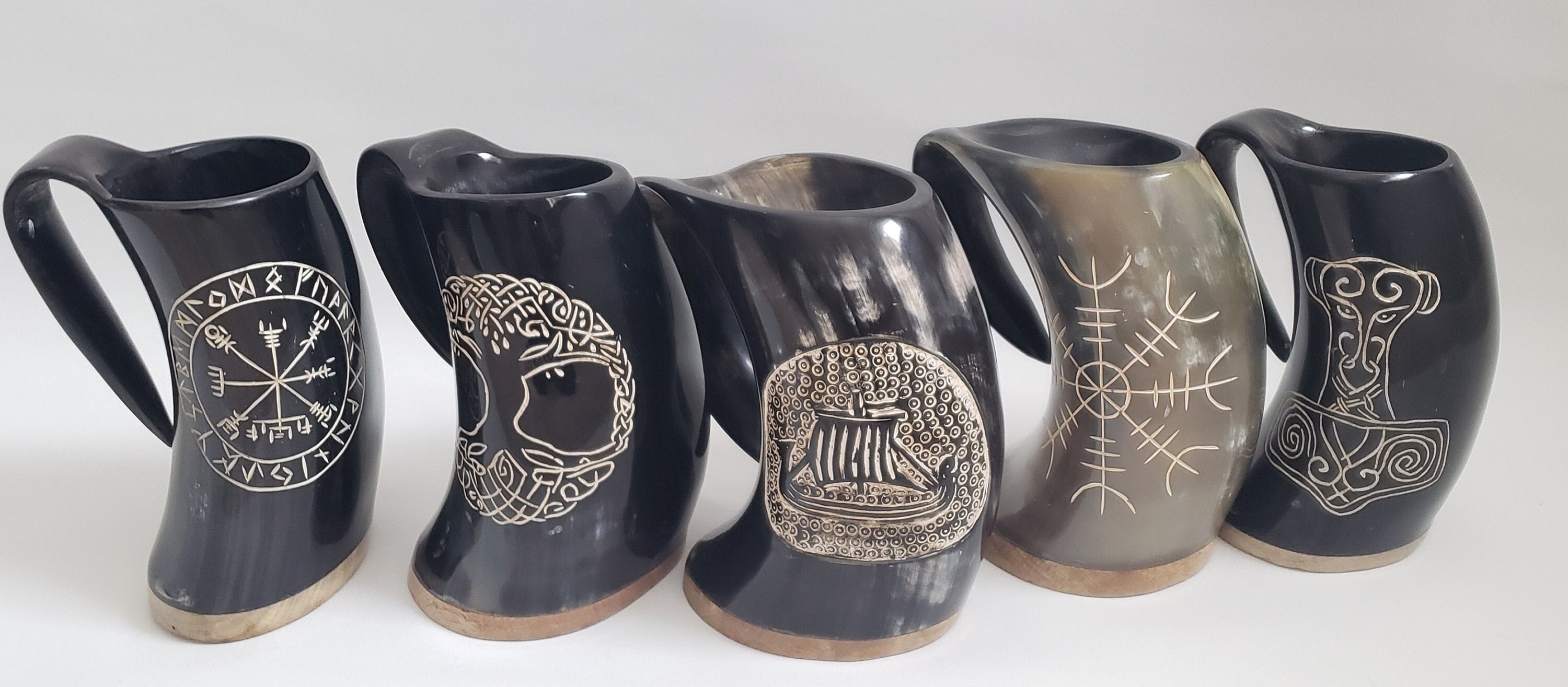 Viking Thor's Hammer Mug - Viking horn-Norse symbol engraved Horn Mugs - Vegvisir, Thor's Hammer