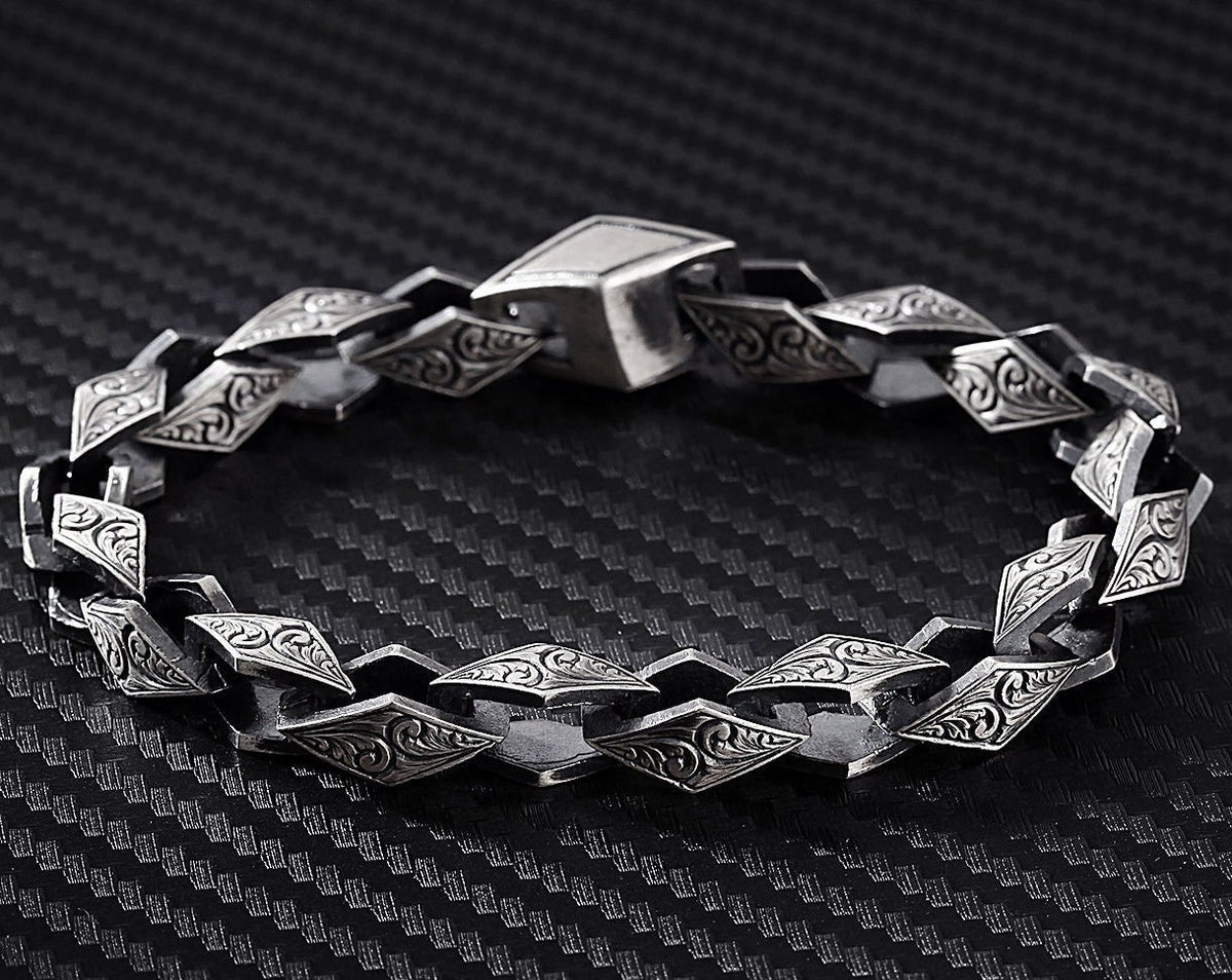 Viking Bracelet - Mens Leather Cuff Bracelet, Celtic Engraved Sterling Silver Braided Viking Norse