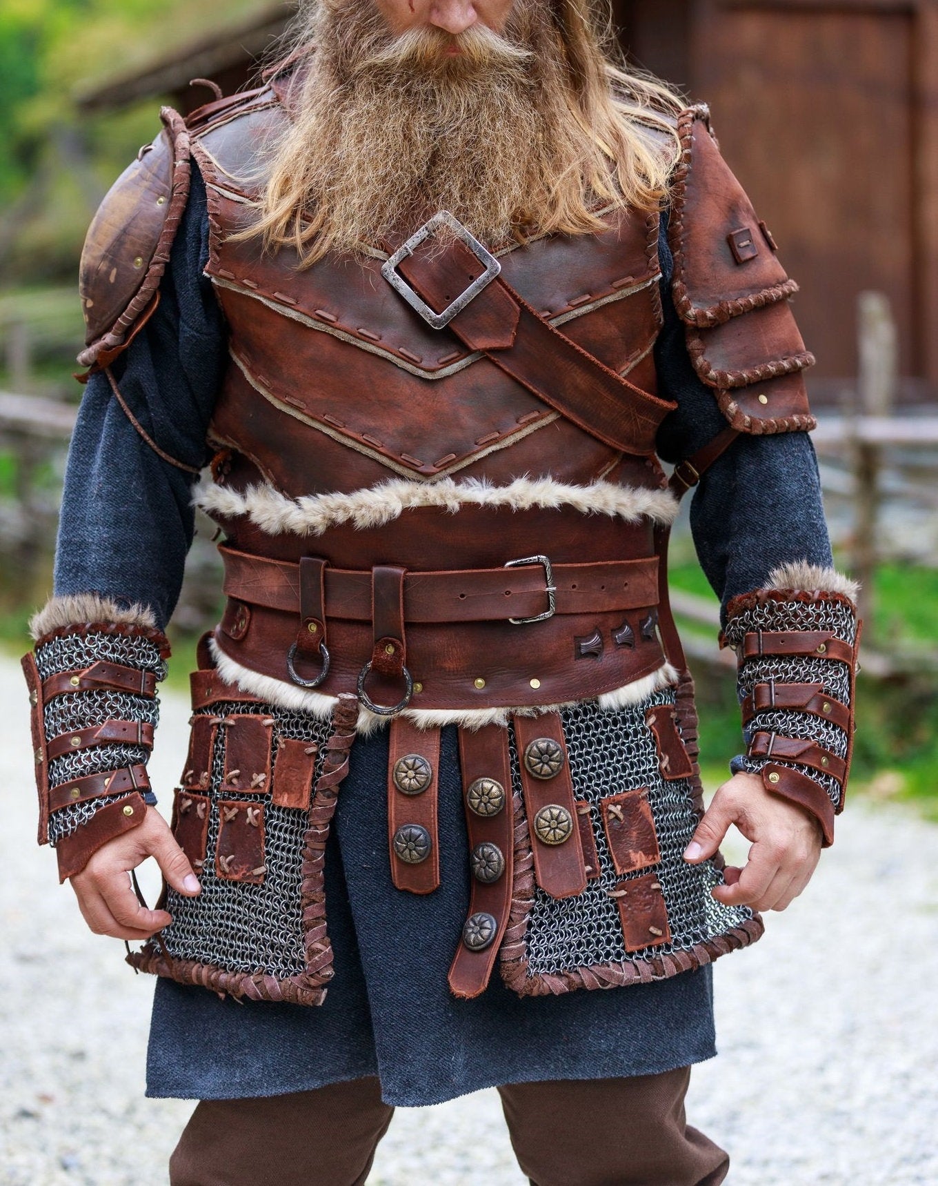 Viking Jacket - Viking Leather Vest Fur Collar Armor Medieval Norse Warrior Costume LARP Leather