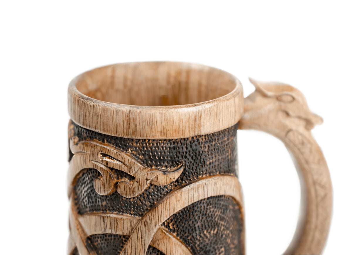 Viking Mug - Norse Empire 20oz Hand Carved Wooden Beer Mug - Urnes Style Viking Tankard