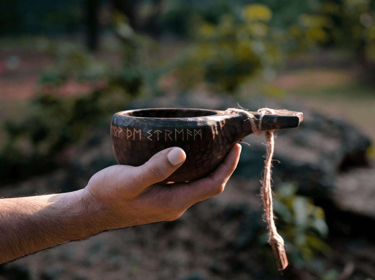 Viking Mug - Viking Hand-Engraved Walnut Kuksa Cup - Nordic Style Wooden Camping Mug - 12oz Outdoor